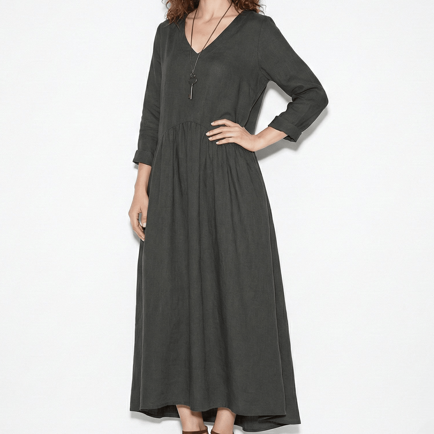 Clara - Women's Loose V - Neck Maxi Dress with Long Sleeves - Dresses - Black - Jones & Smith