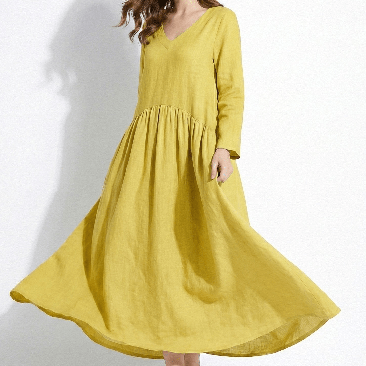 Clara - Women's Loose V - Neck Maxi Dress with Long Sleeves - Dresses - Yellow - Jones & Smith