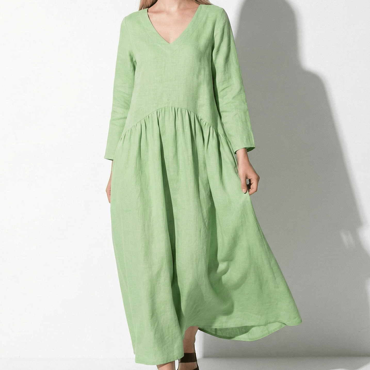 Clara - Women's Loose V - Neck Maxi Dress with Long Sleeves - Dresses - Light Green - Jones & Smith