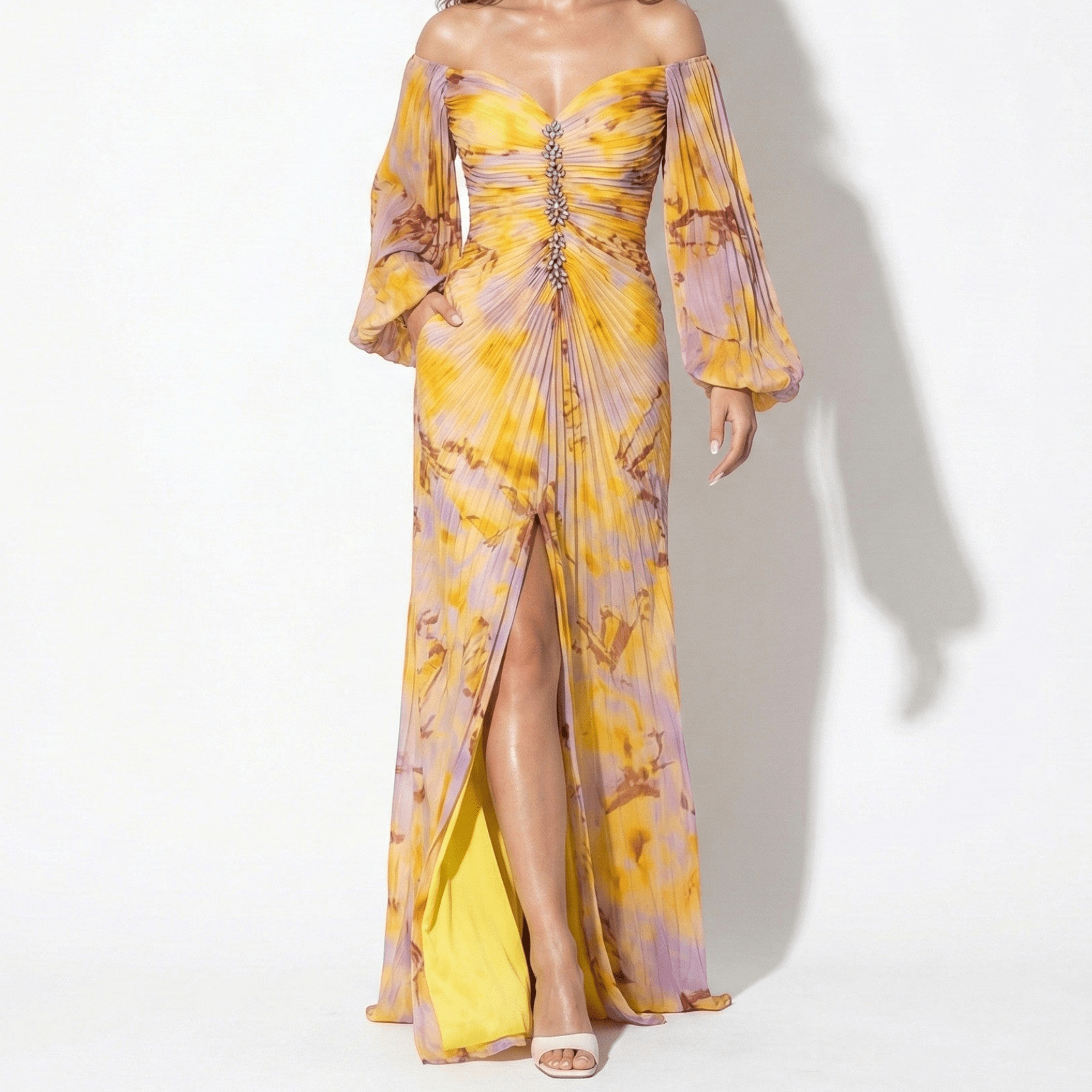 Clara - Women's Maxi Dress with Off Shoulder Pleats - Dresses - Yellow - Jones & Smith