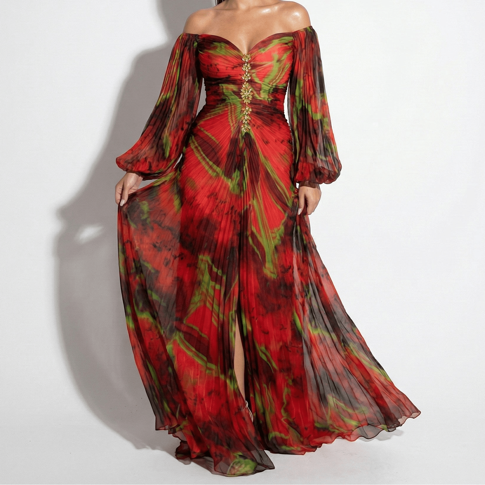 Clara - Women's Maxi Dress with Off Shoulder Pleats - Dresses - Red - Jones & Smith