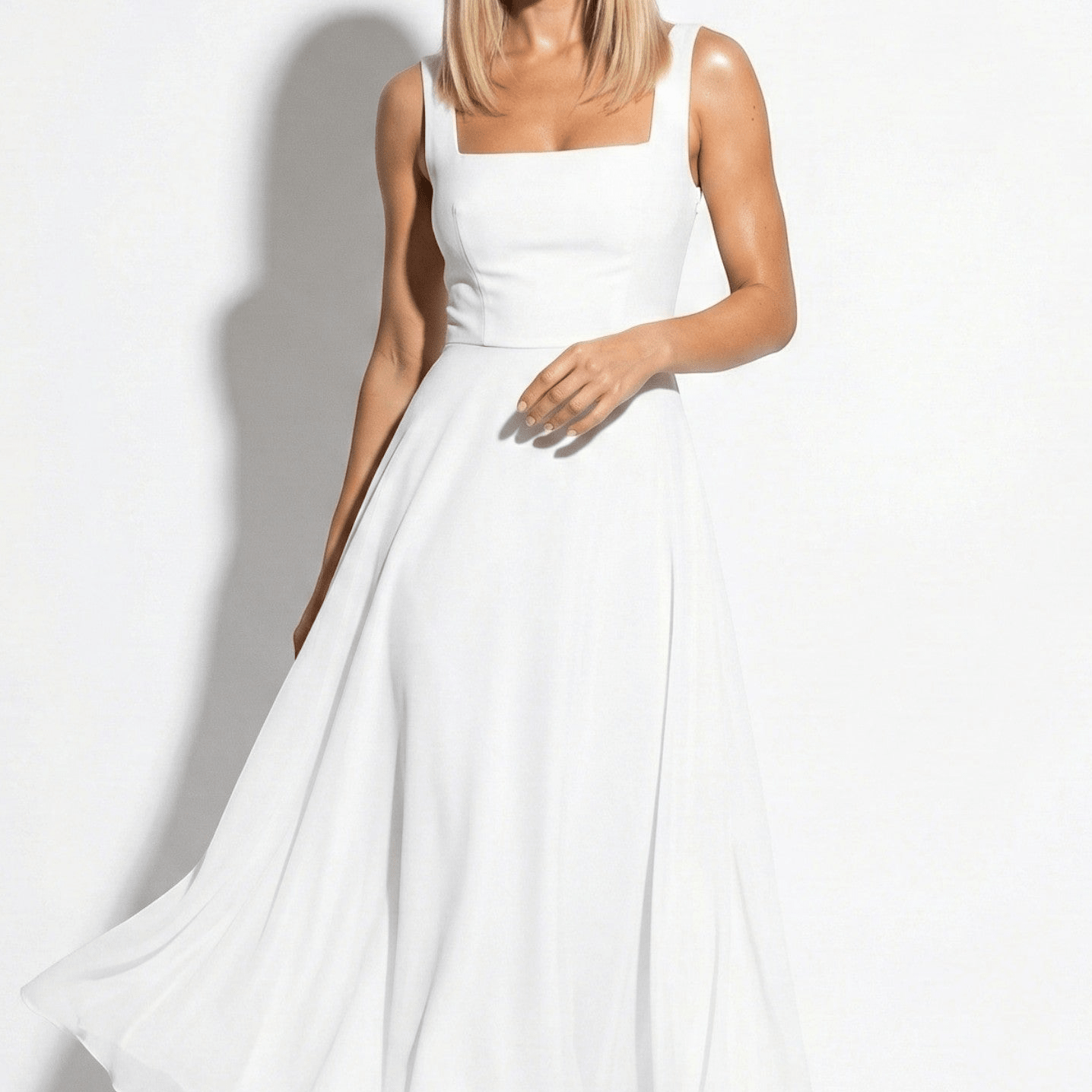 Clara - Women's Square Neck A - Line Midi Dress - Midi Dresses - White - Jones & Smith