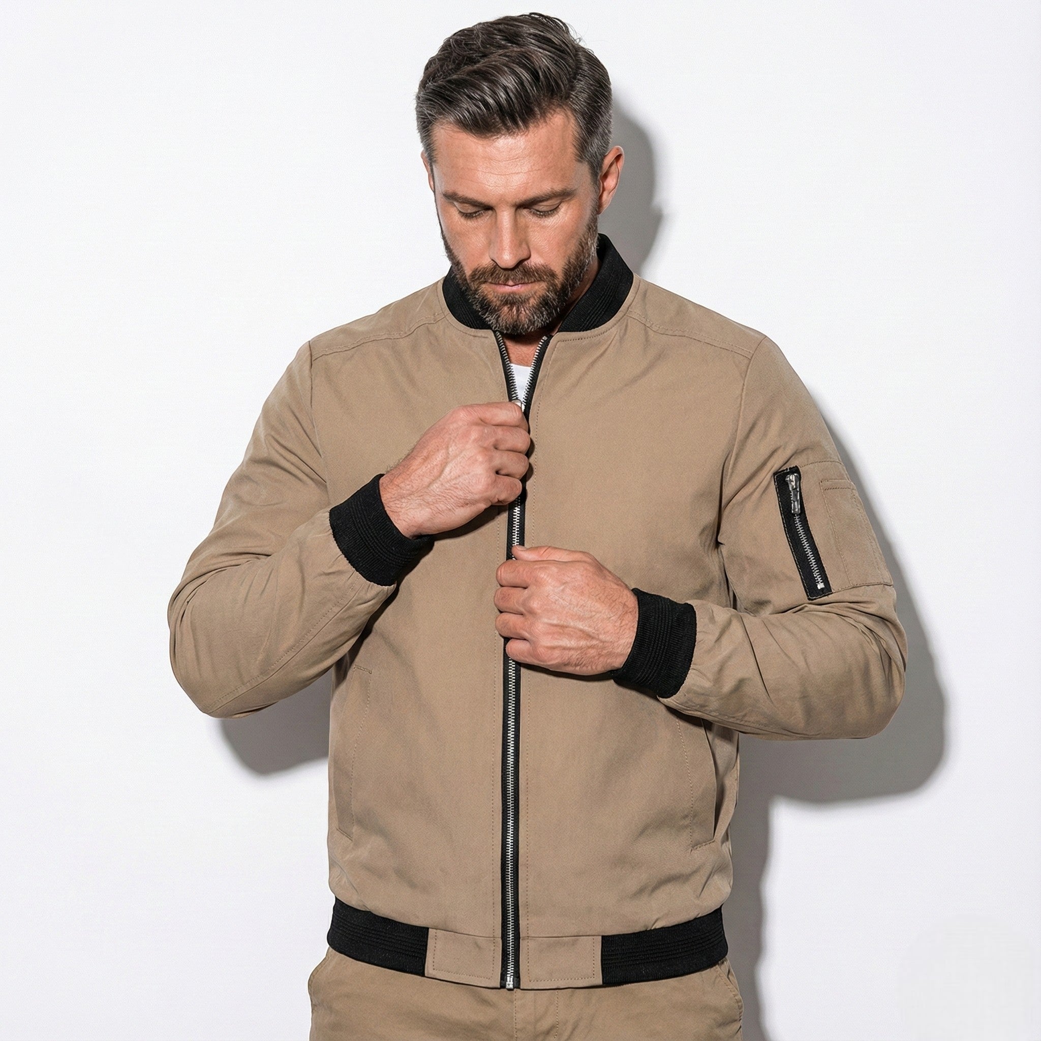 Craig - Men's Lightweight Zip - up Bomber Jacket - Jackets - Khaki - Jones & Smith