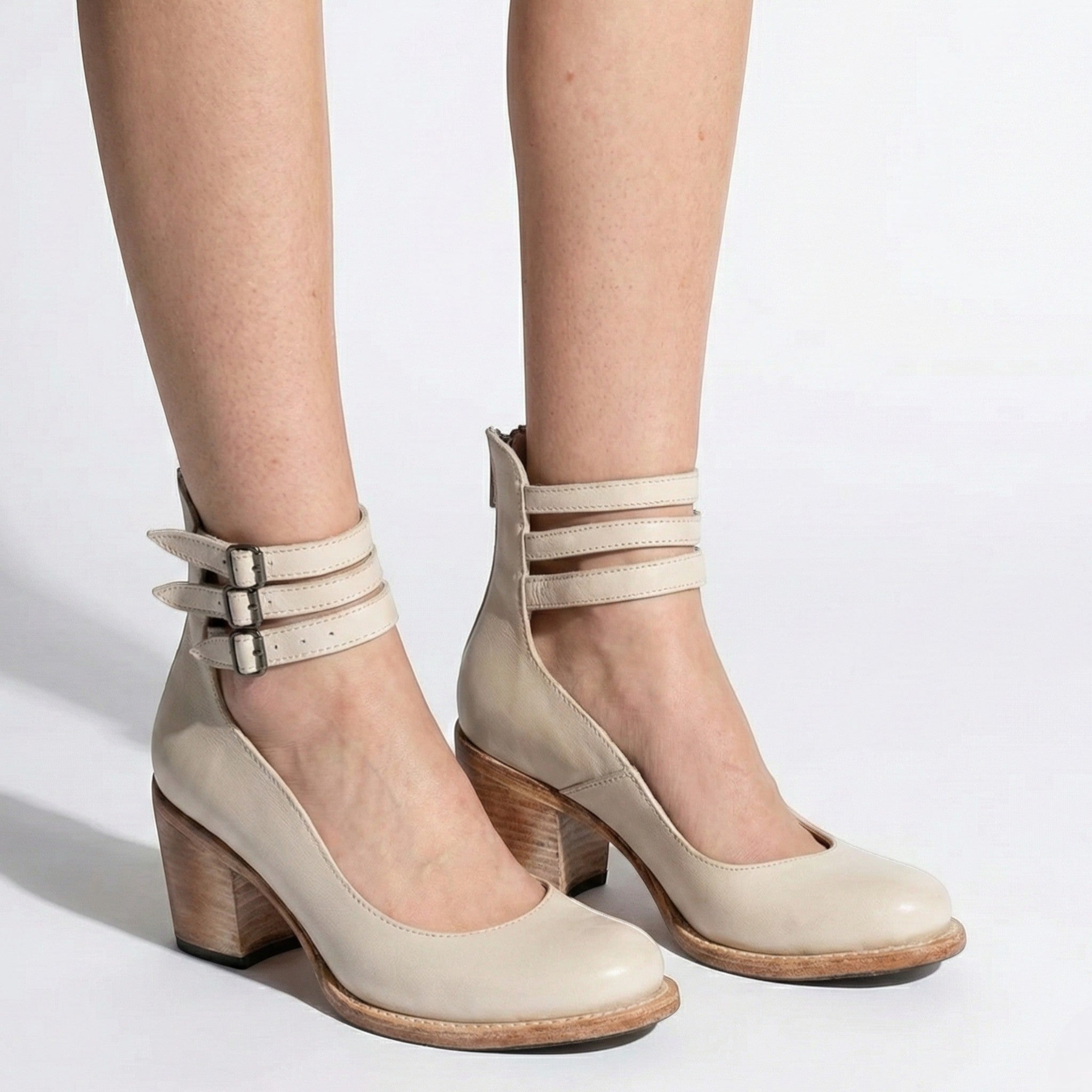 Daisy - Women's Block Heel Ankle Boots with Triple Buckle Straps - Sandals - White - Jones & Smith