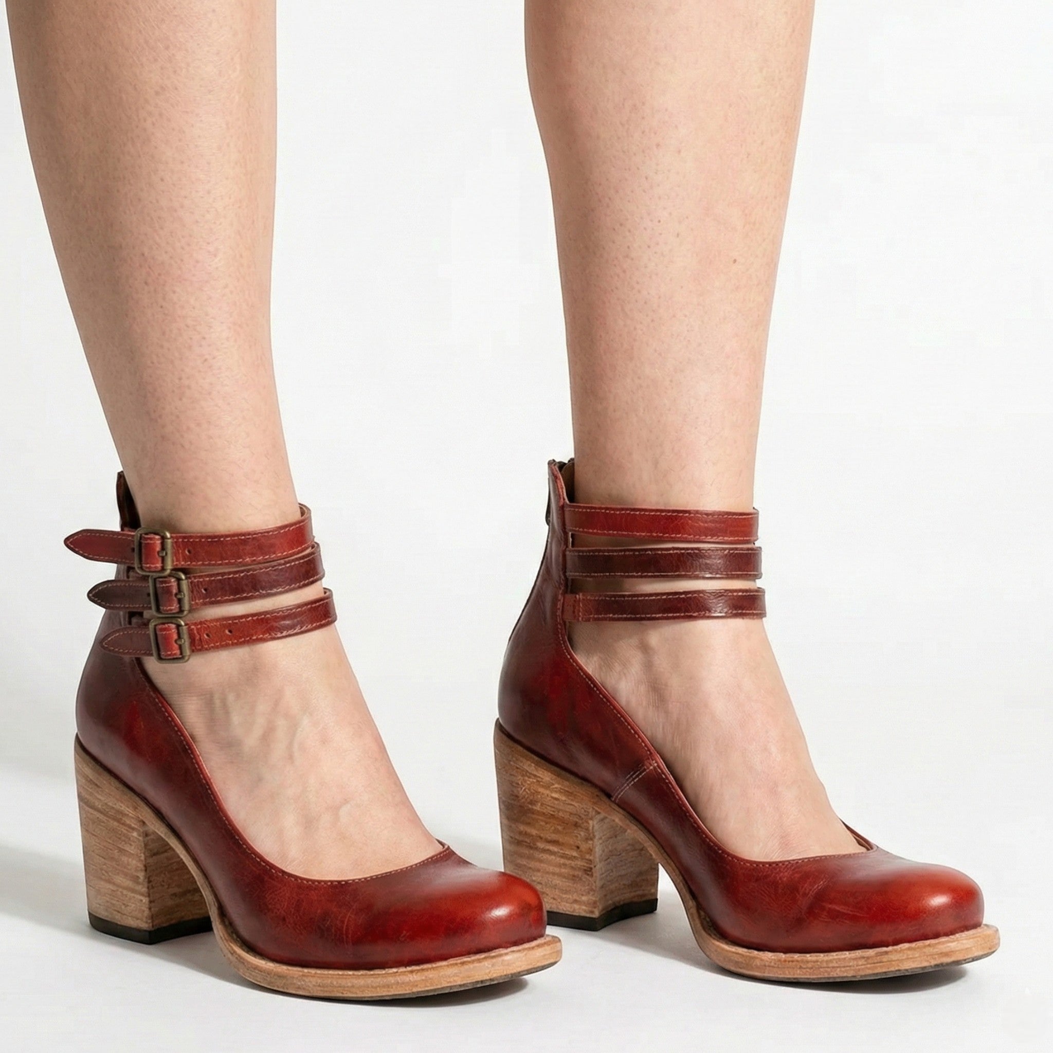 Daisy - Women's Block Heel Ankle Boots with Triple Buckle Straps - Sandals - Red - Jones & Smith