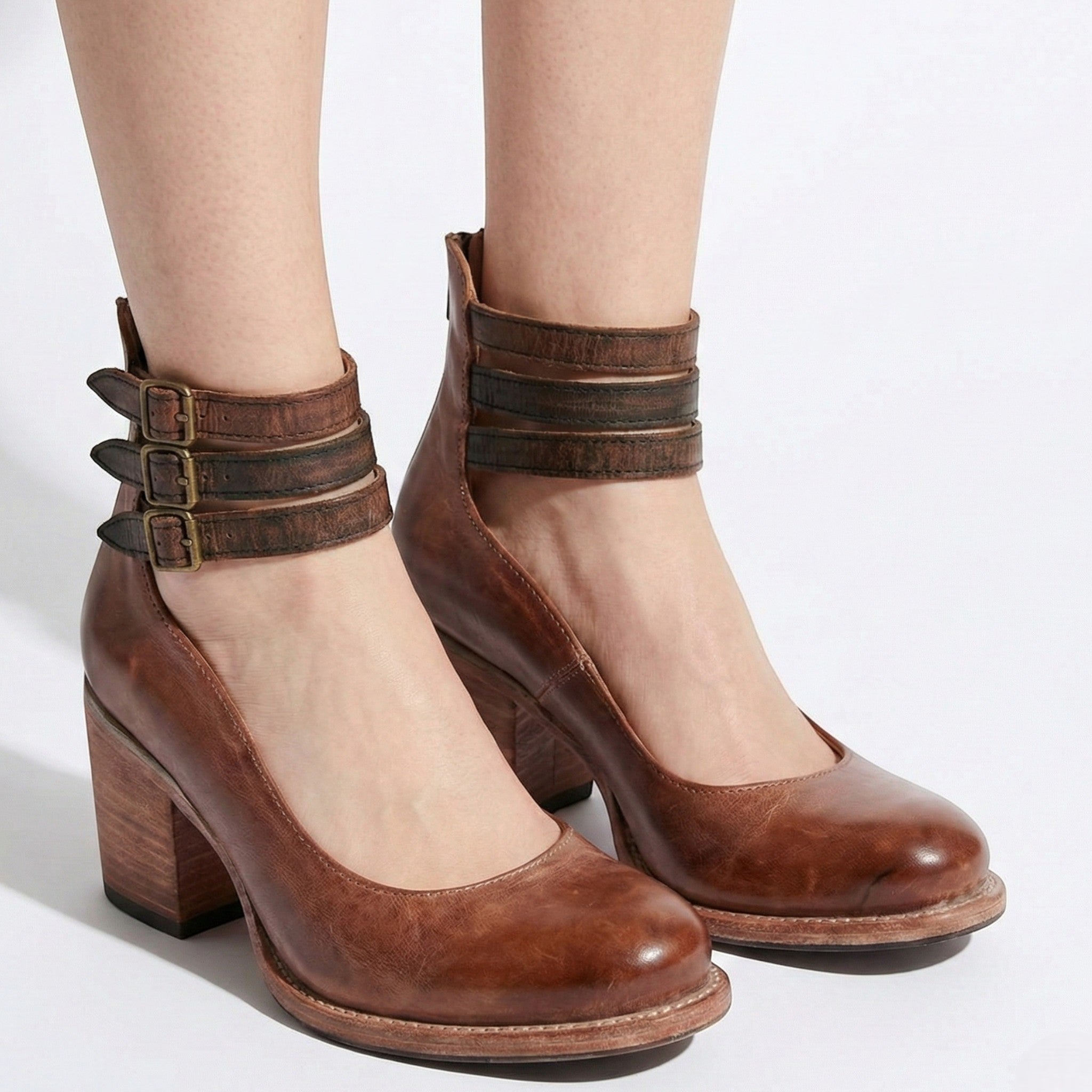 Daisy - Women's Block Heel Ankle Boots with Triple Buckle Straps - Sandals - Dark Brown - Jones & Smith