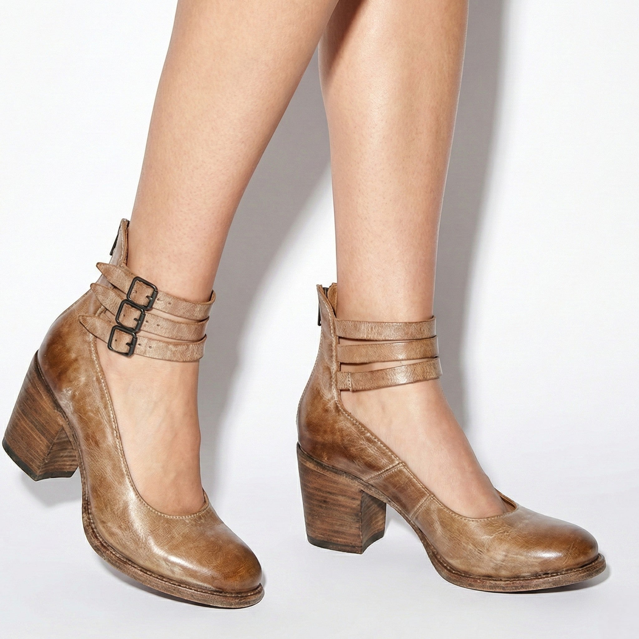 Daisy - Women's Block Heel Ankle Boots with Triple Buckle Straps - Sandals - Brown - Jones & Smith