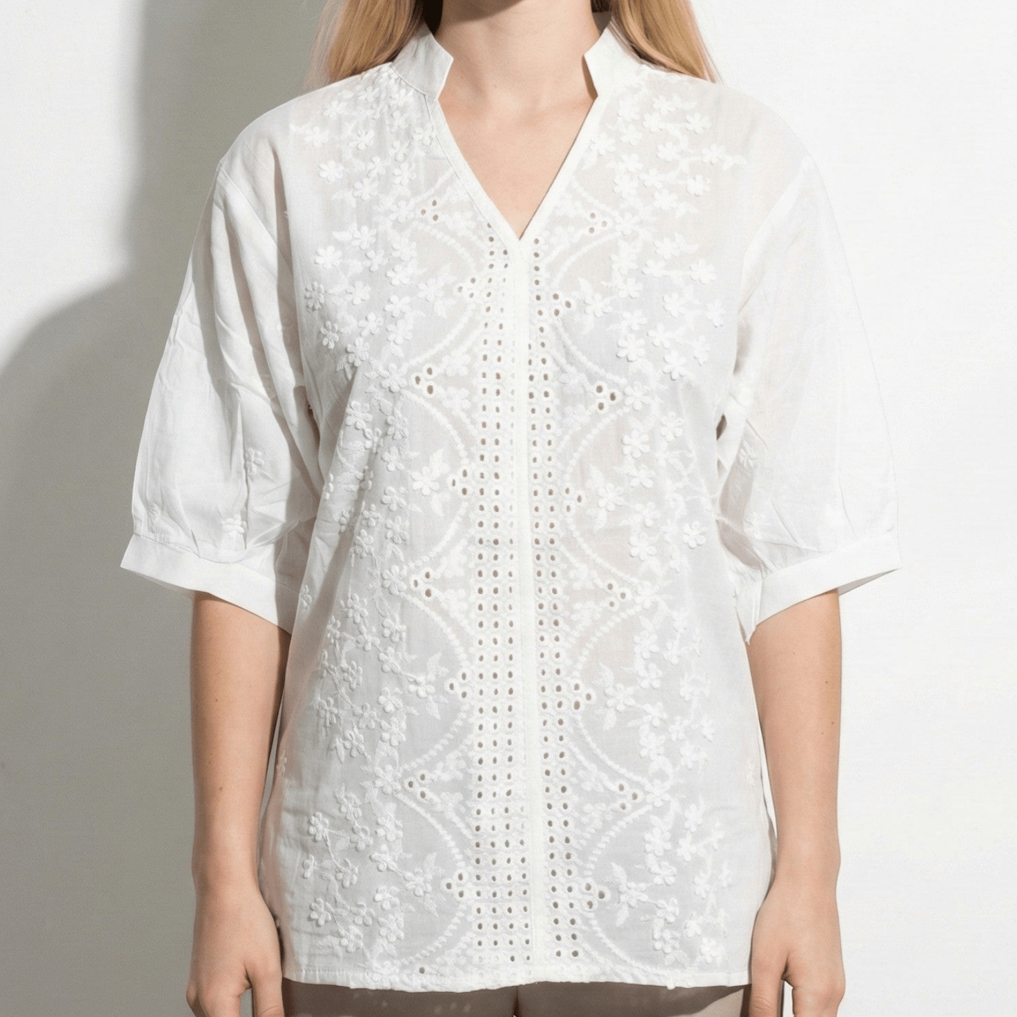 Daisy - Women's Embroidered Puff Sleeve Blouse with V - Neck - Casual Top - White - Jones & Smith