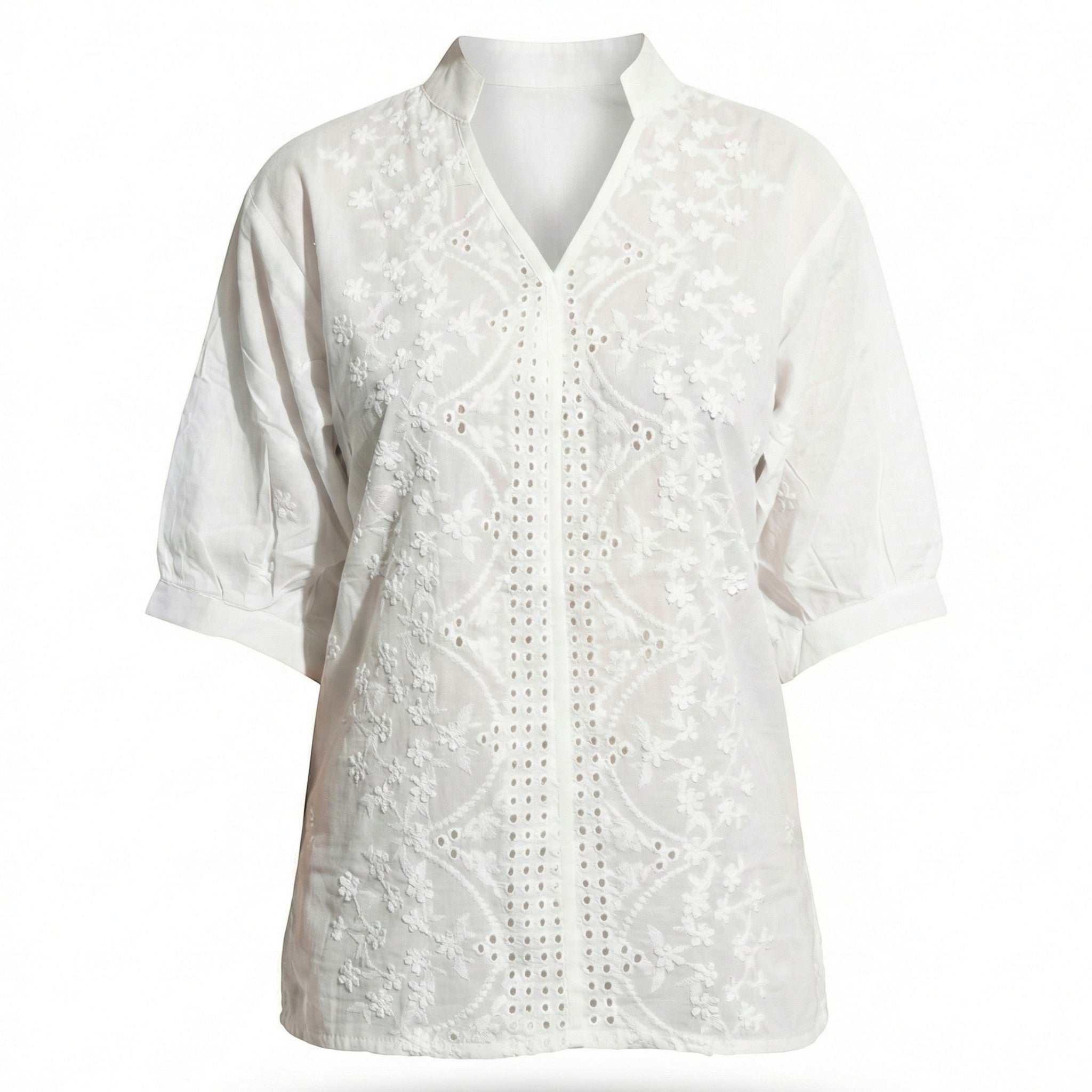 Daisy - Women's Embroidered Puff Sleeve Blouse with V - Neck - Casual Top - White - Jones & Smith