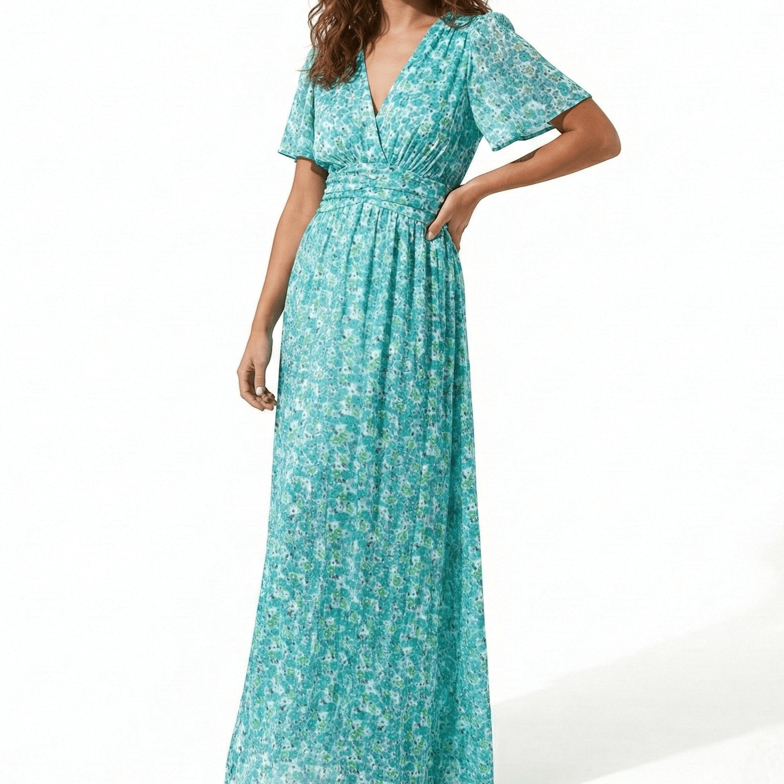 Daisy - Women's Floral Maxi Dress with V - Neck and Flutter Sleeves - Dress - Green - Jones & Smith