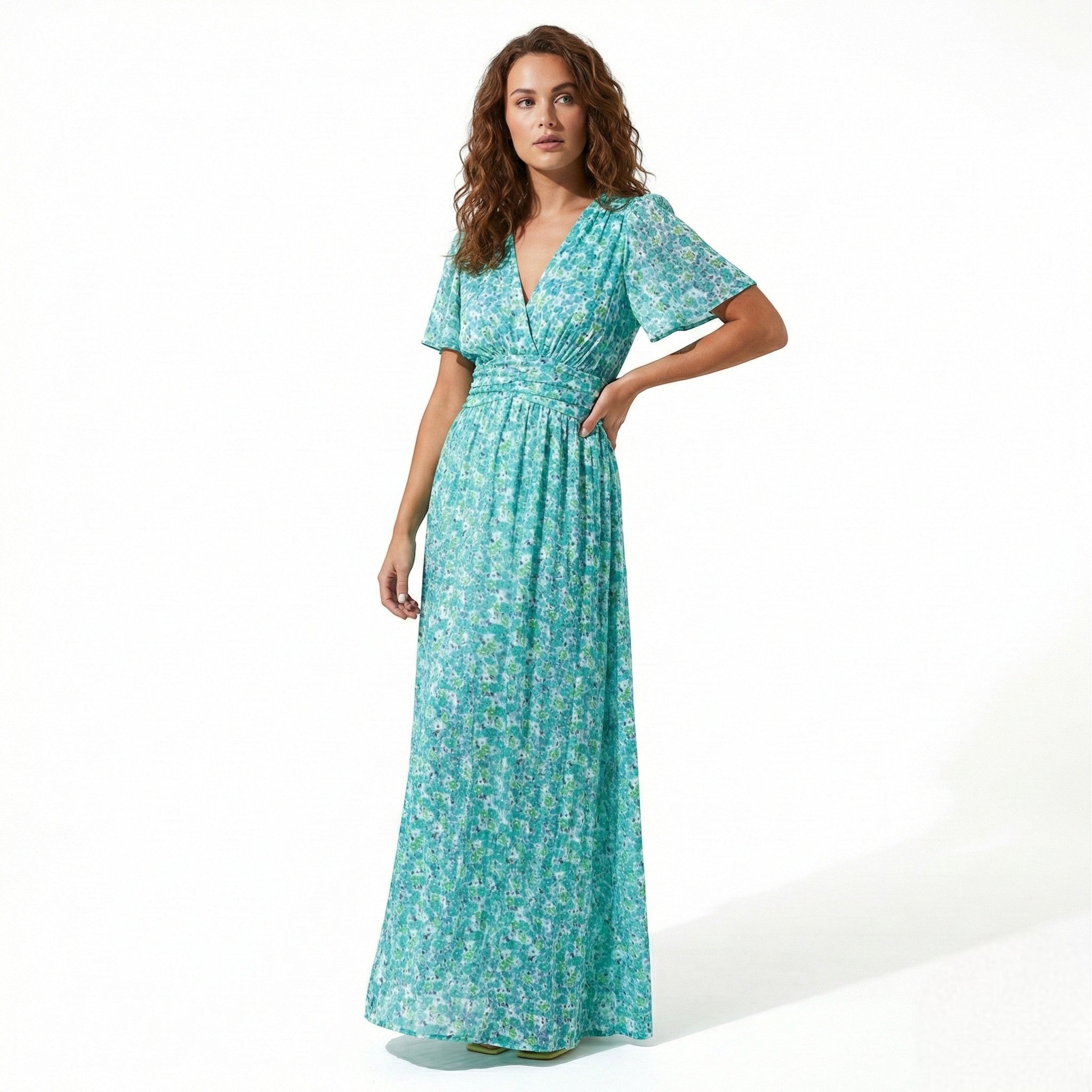 Daisy - Women's Floral Maxi Dress with V - Neck and Flutter Sleeves - Dress - Green - Jones & Smith
