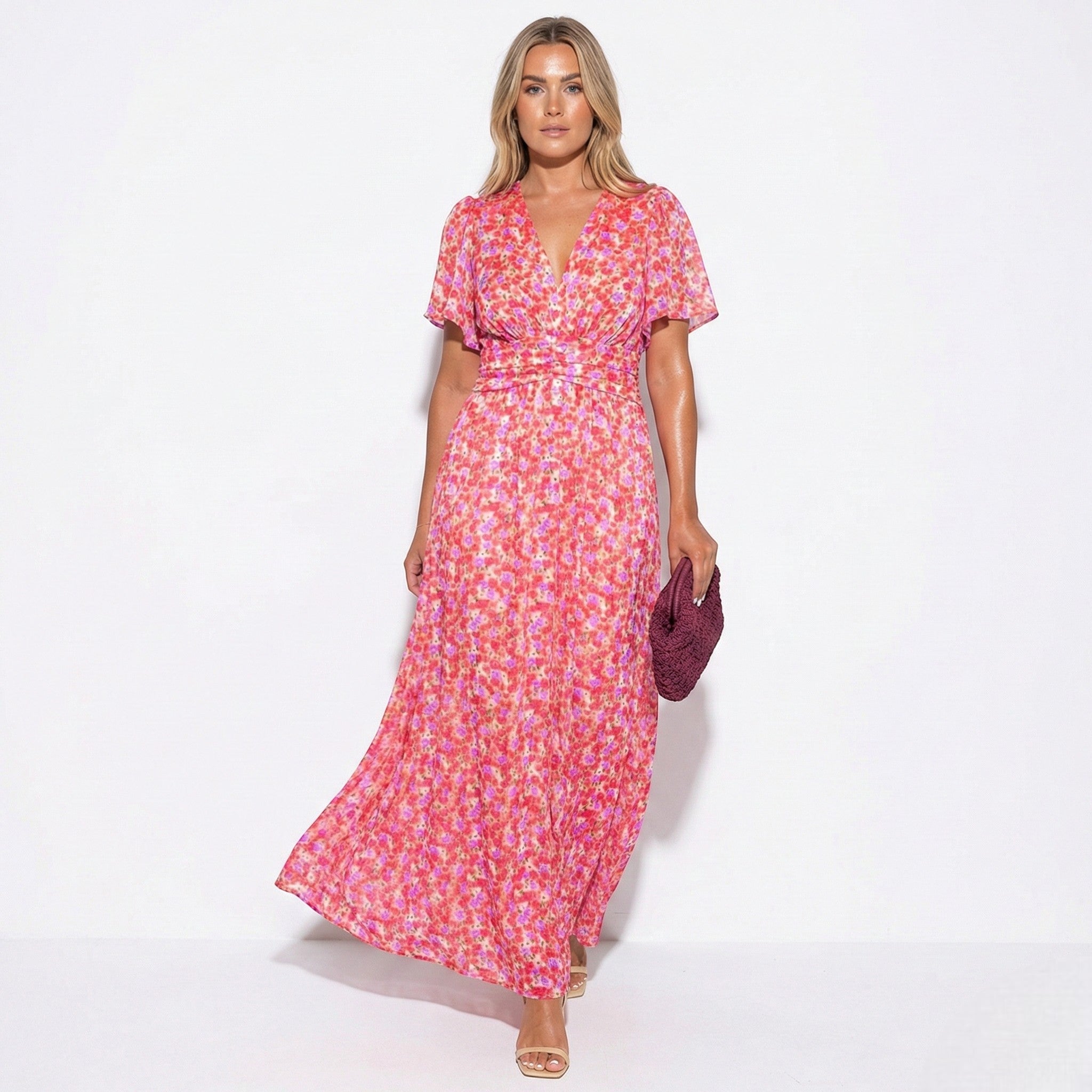 Daisy - Women's Floral Maxi Dress with V - Neck and Flutter Sleeves - Dress - Pink - Jones & Smith