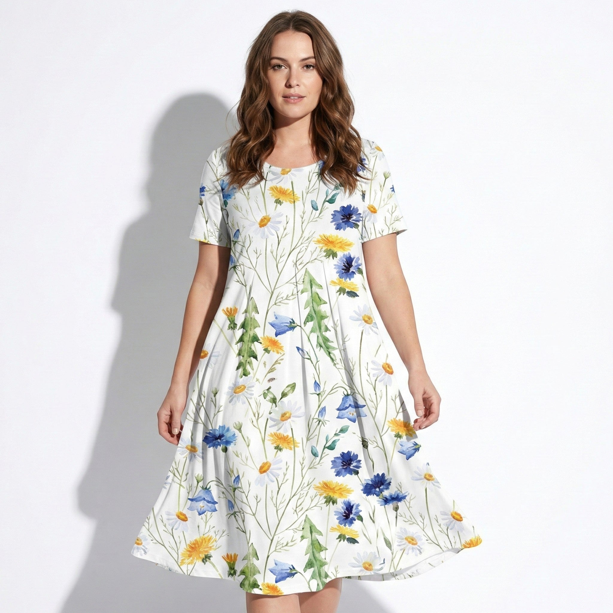 Daisy - Women's Floral Midi Dress with Short Sleeves - Dress - White - Yellow - Jones & Smith