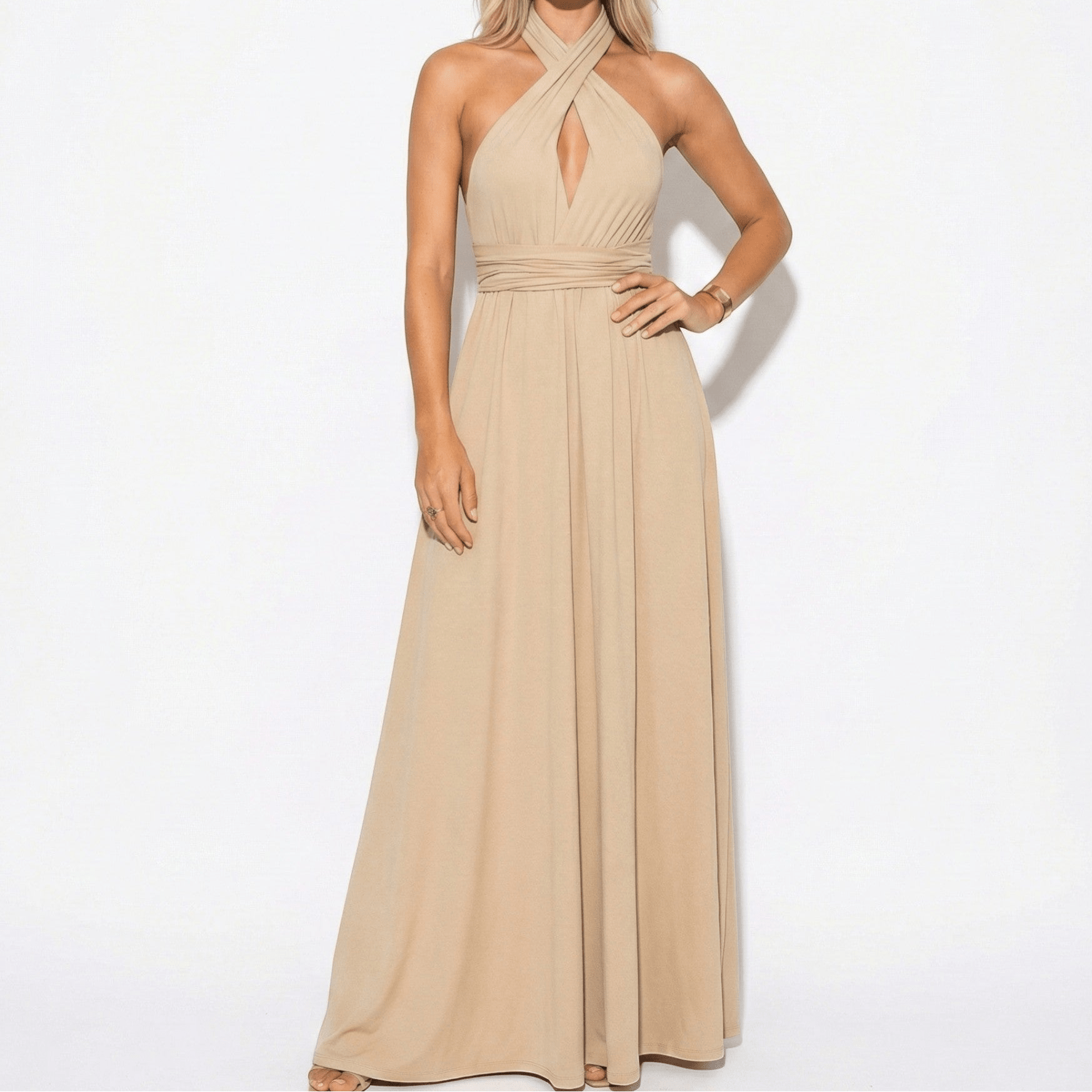 Danielle - Women's 3 - Way Maxi Dress with Waist Tie - Dress - Khaki - Jones & Smith