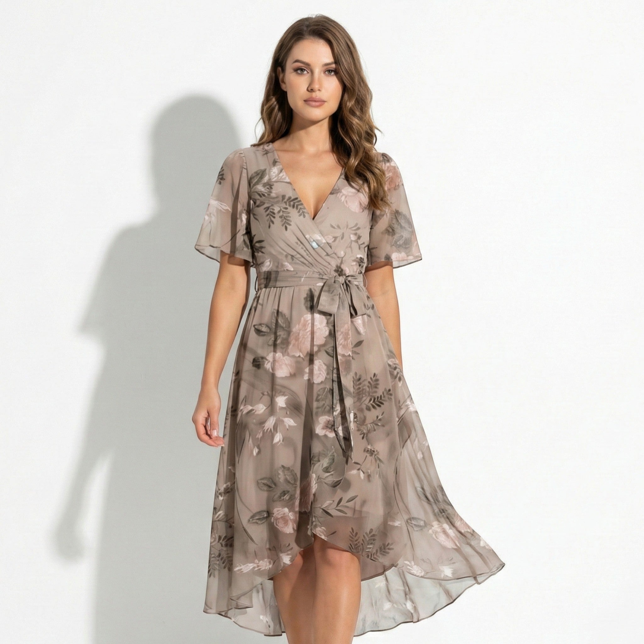 Eleanor - Women's Floral V - Neck Midi Dress with Flutter Sleeves - Women Dress - Beige - Jones & Smith