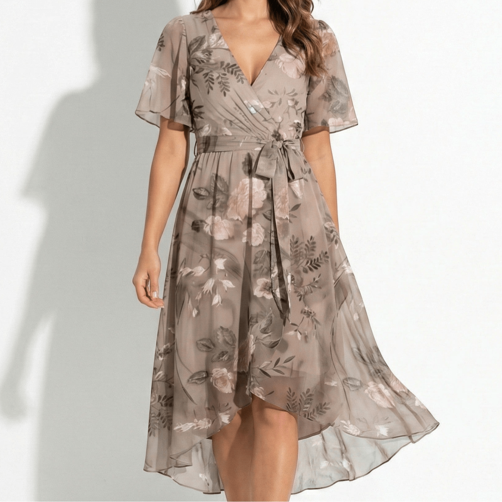 Eleanor - Women's Floral V - Neck Midi Dress with Flutter Sleeves - Women Dress - Beige - Jones & Smith