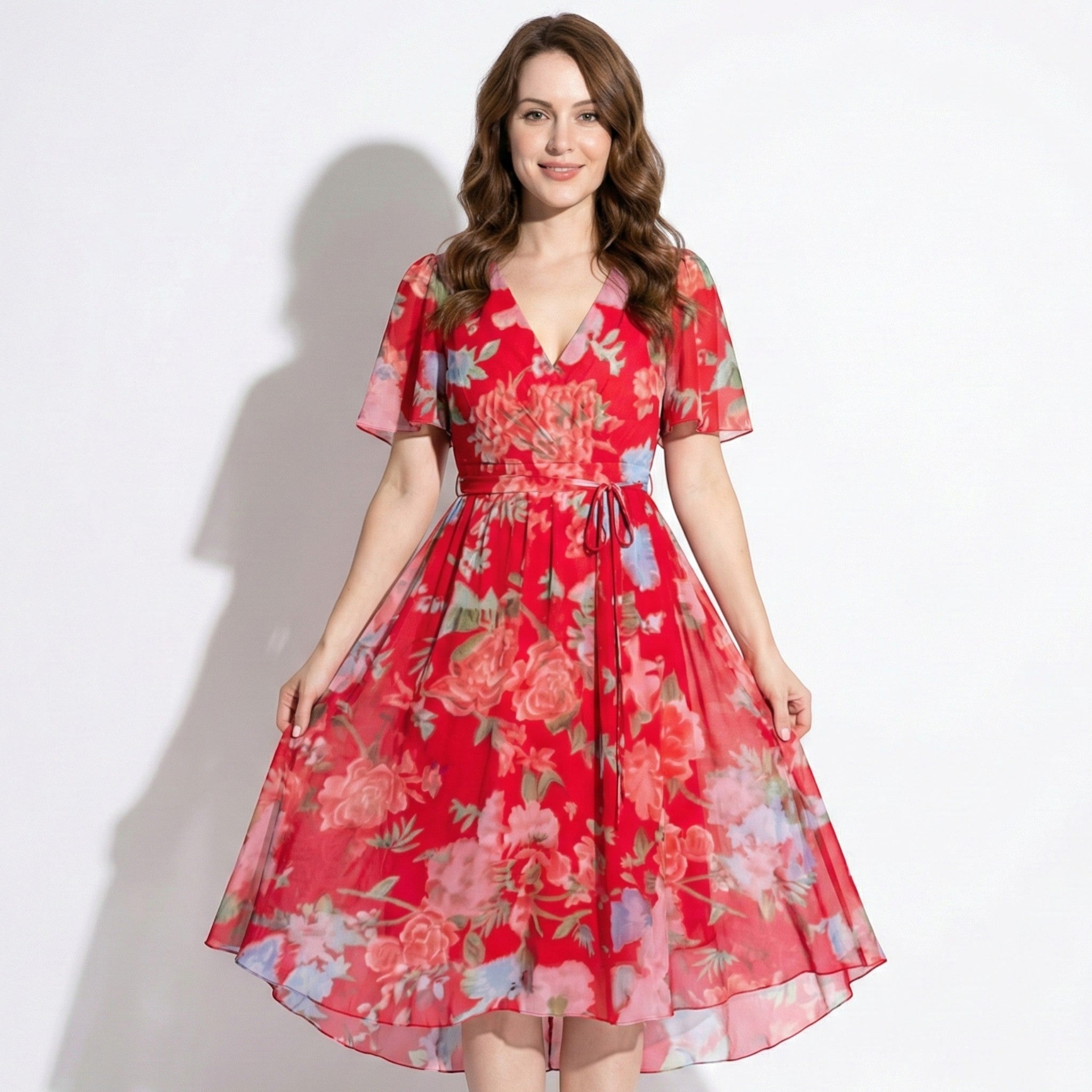 Eleanor - Women's Floral V - Neck Midi Dress with Flutter Sleeves - Women Dress - Pink - Jones & Smith