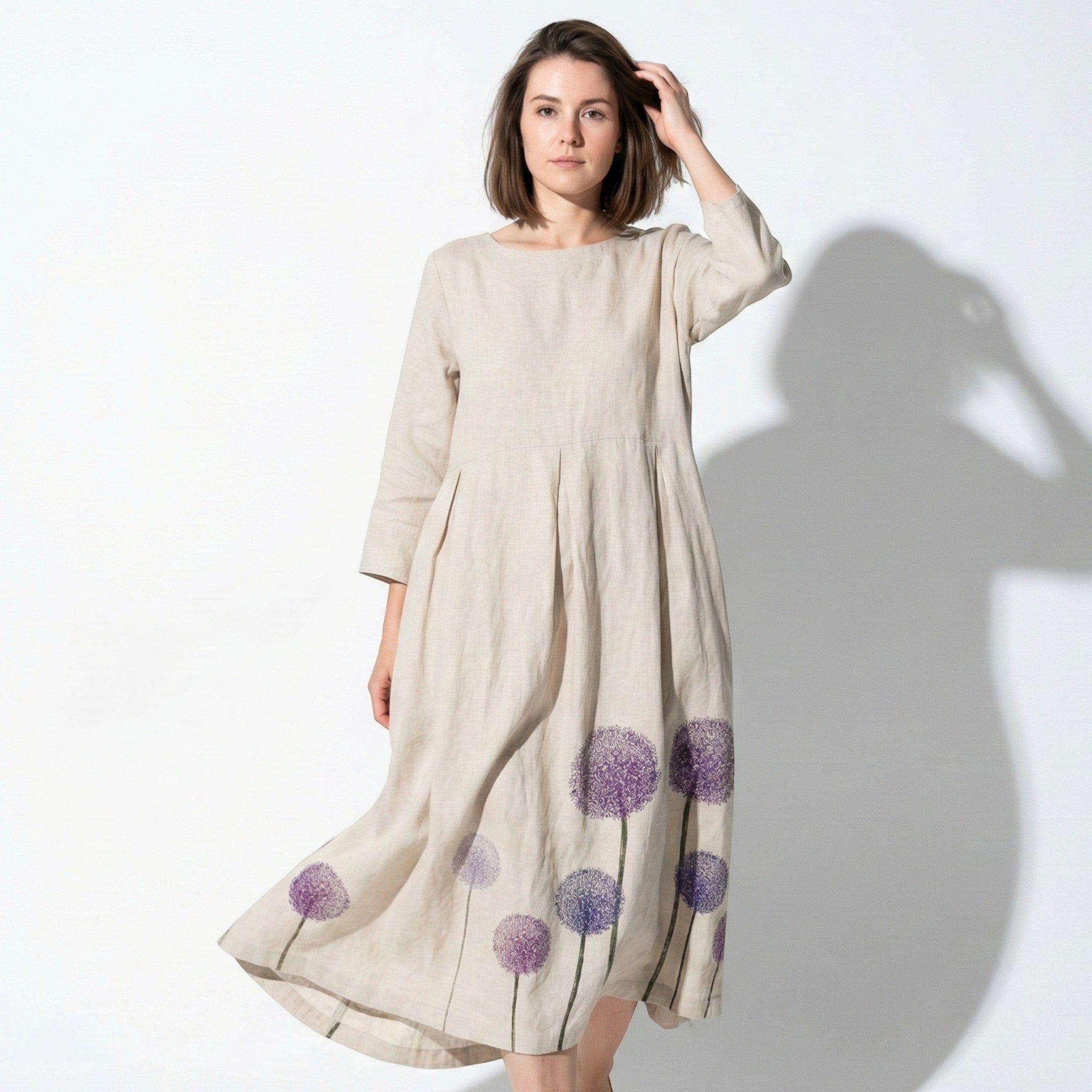 Eleanor - Women’s Long Sleeve Maxi Dress with Printed Detail - Spring Dresses - Apricot - Purple Flower - Jones & Smith