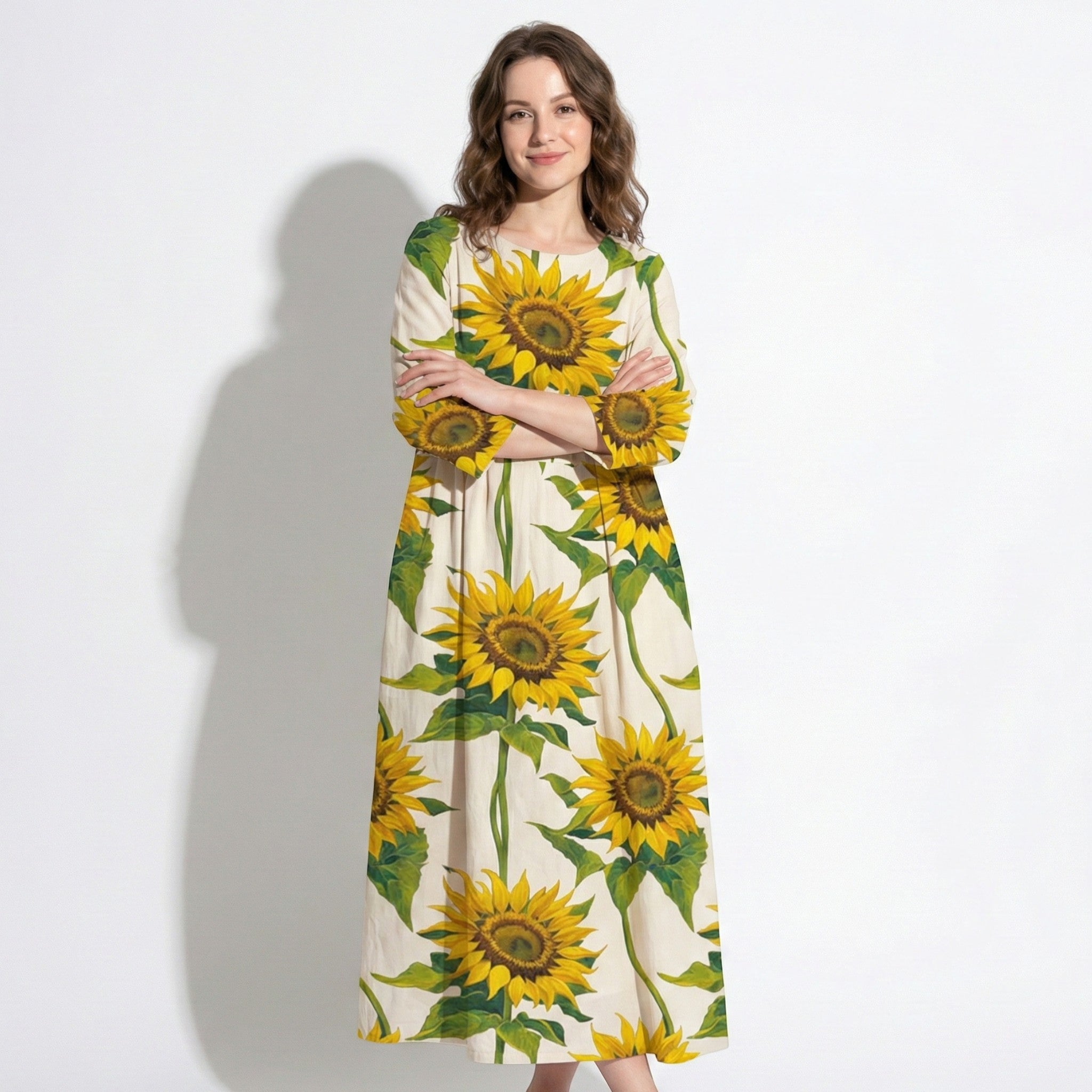 Eleanor - Women’s Long Sleeve Maxi Dress with Printed Detail - Spring Dresses - Apricot - Sunflower - Jones & Smith