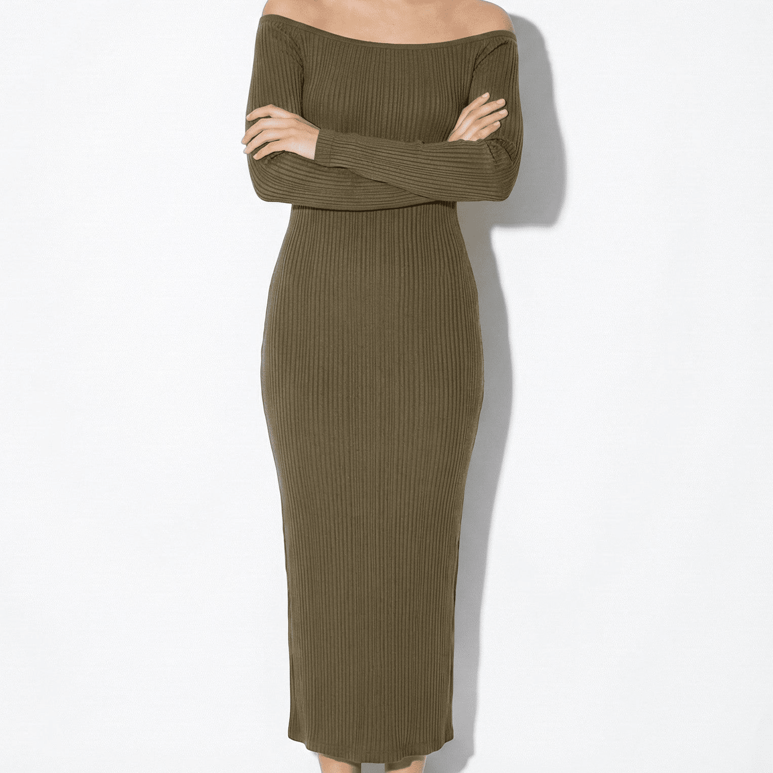 Eleanor - Women's Off - Shoulder Ribbed Maxi Dress - Dresses - Green - Jones & Smith