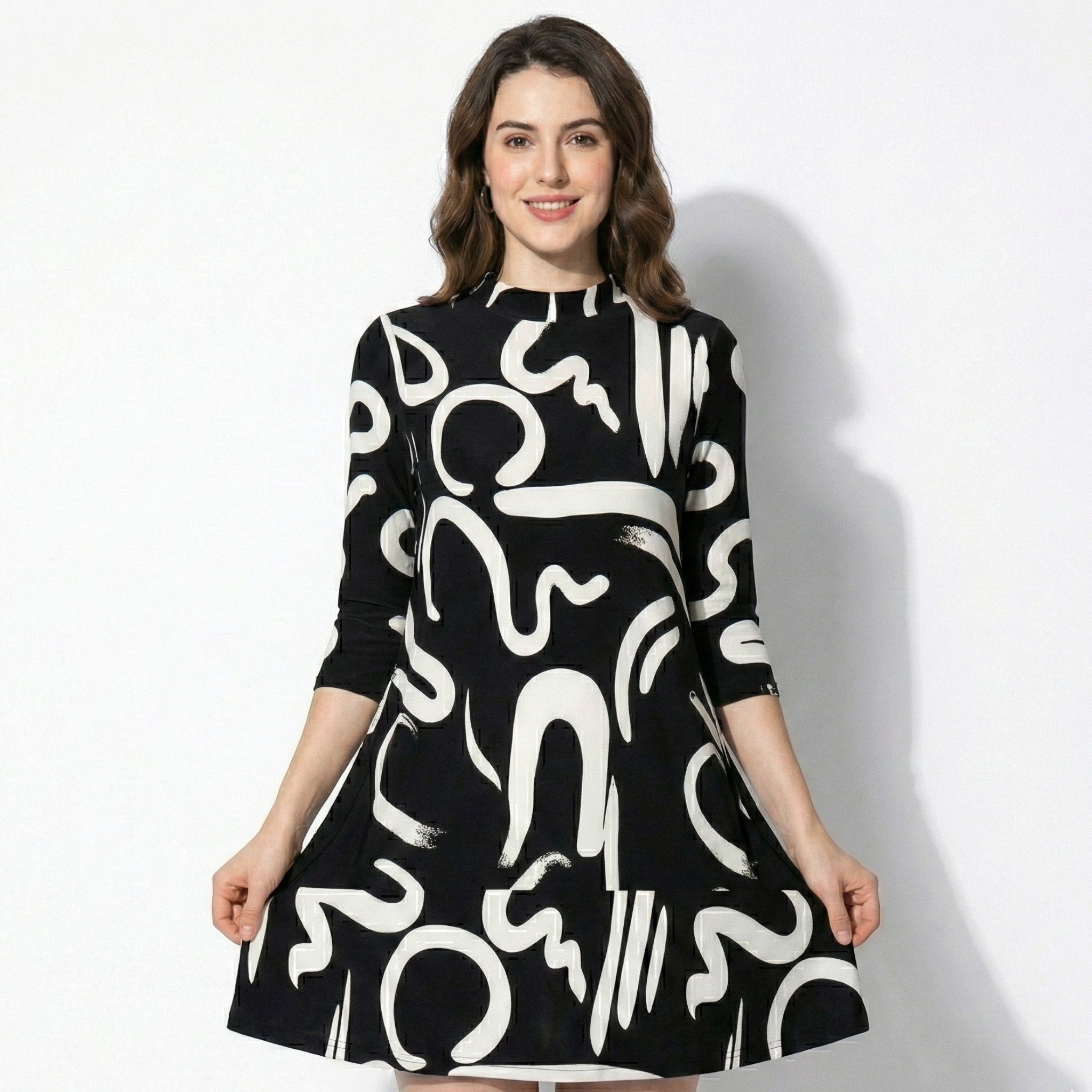 Eleanor - Women’s Printed Midi Dress with Abstract Swirl Pattern - Women Dress - Black - Jones & Smith