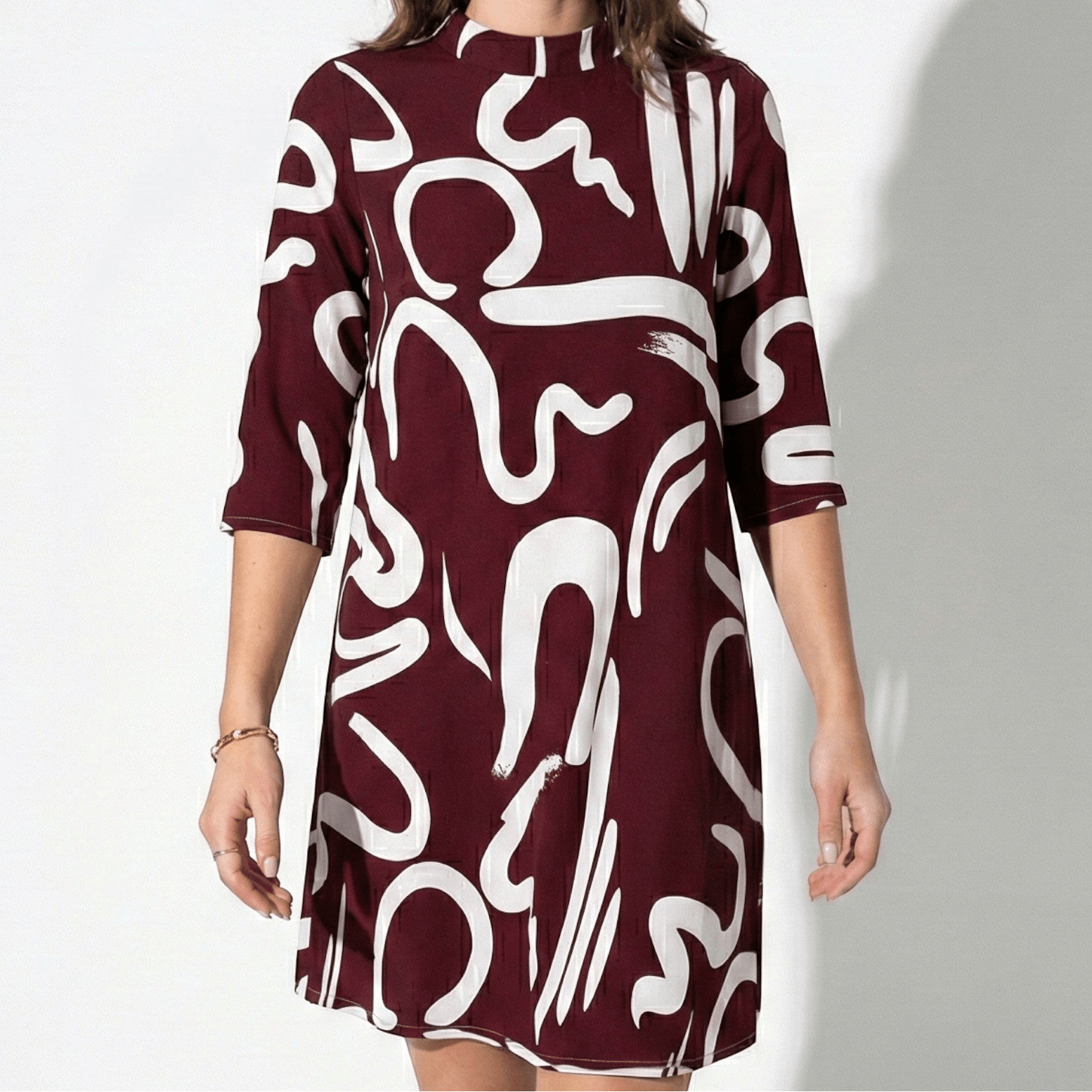 Eleanor - Women’s Printed Midi Dress with Abstract Swirl Pattern - Women Dress - Burgundy - Jones & Smith