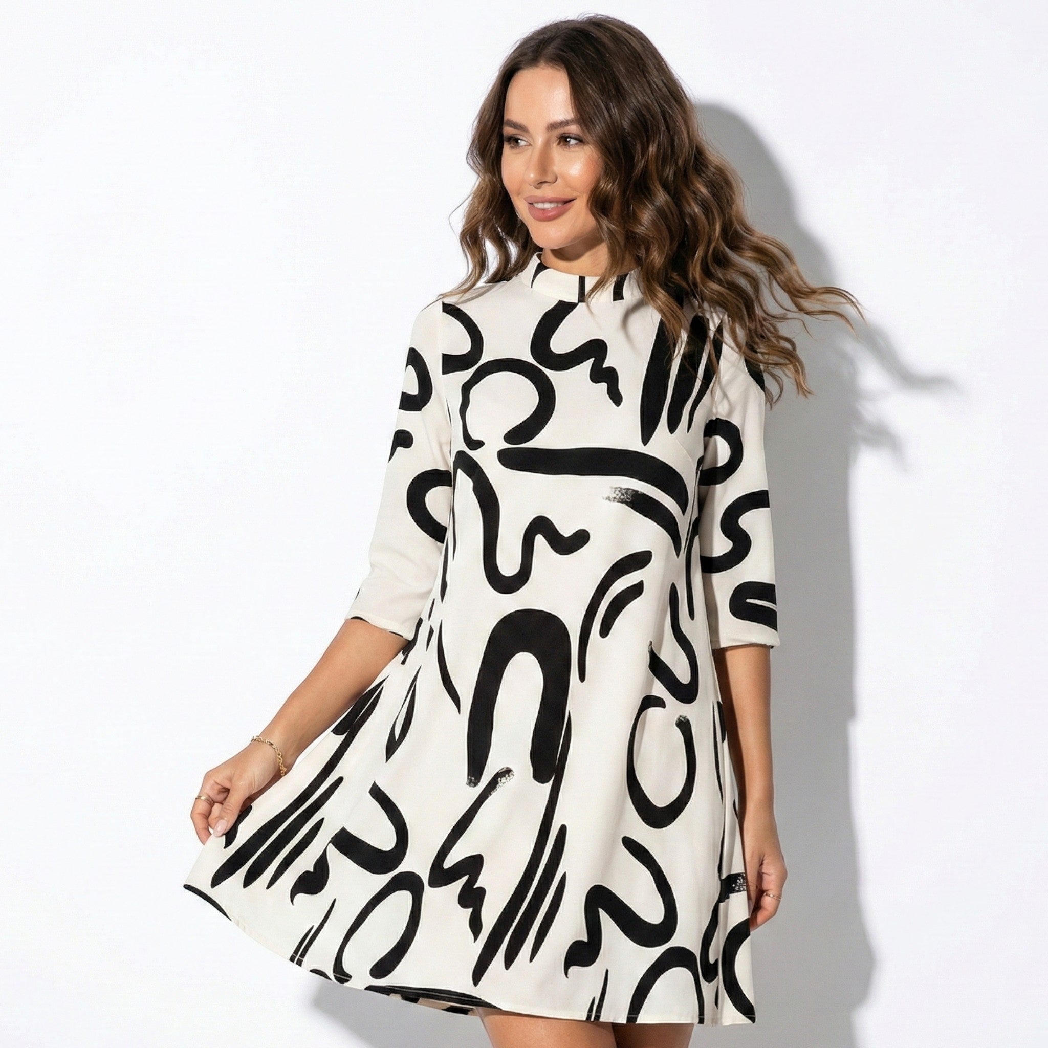 Eleanor - Women’s Printed Midi Dress with Abstract Swirl Pattern - Women Dress - White - Jones & Smith