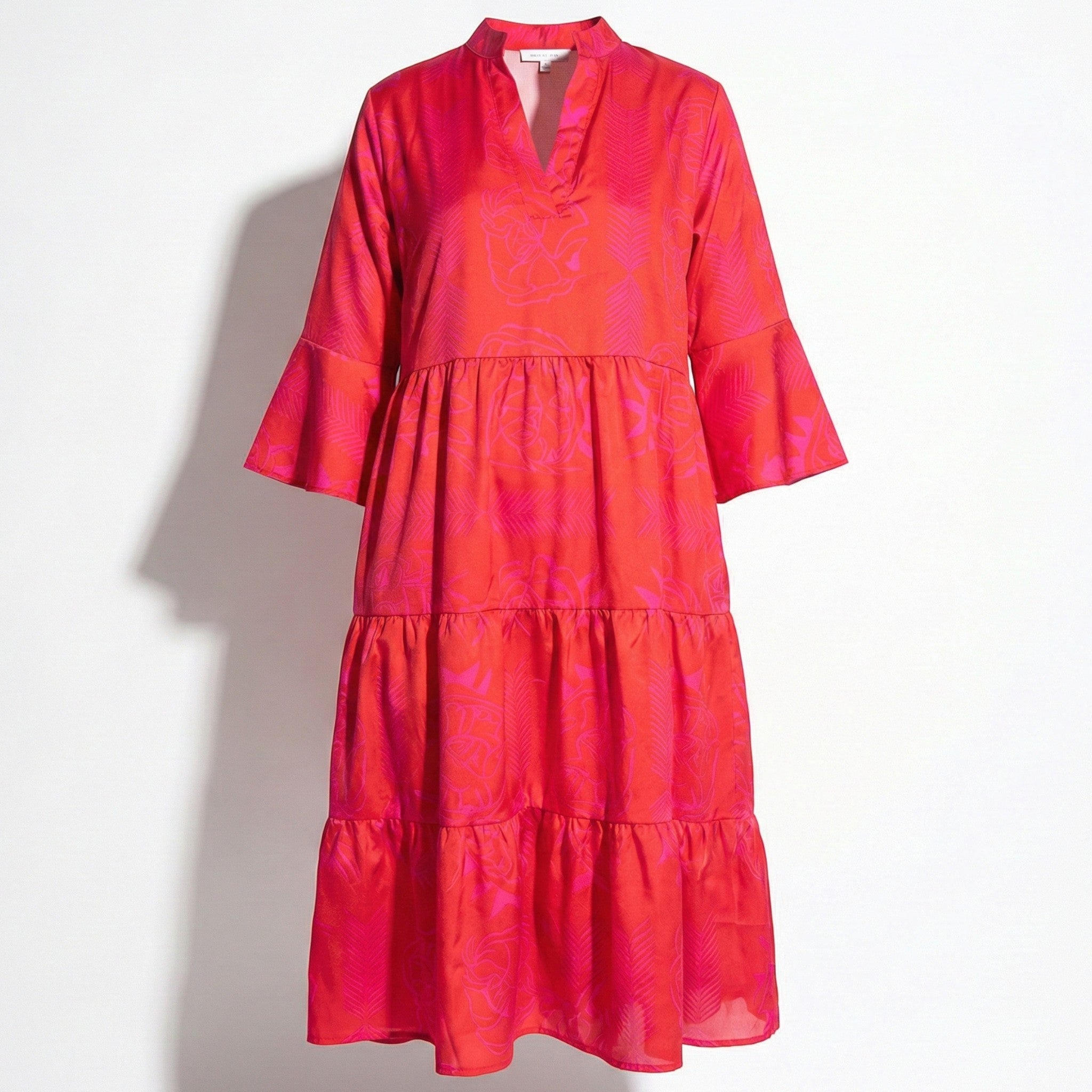 Eleanor - Women’s Printed V - Neck Tiered Tunic Dress - Women Dress - Red - Jones & Smith