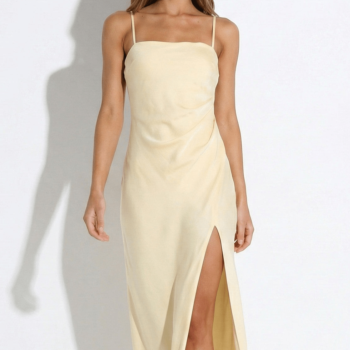 Eleanor - Women’s Satin Slip Maxi Dress with Side Slit - Dress - Yellow - Jones & Smith