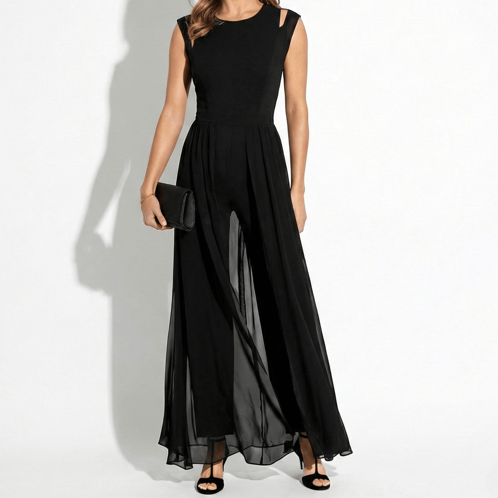 Eleanor - Women’s Sleeveless Evening Jumpsuit with Chiffon Overlay - Jumpsuits - Black - Jones & Smith