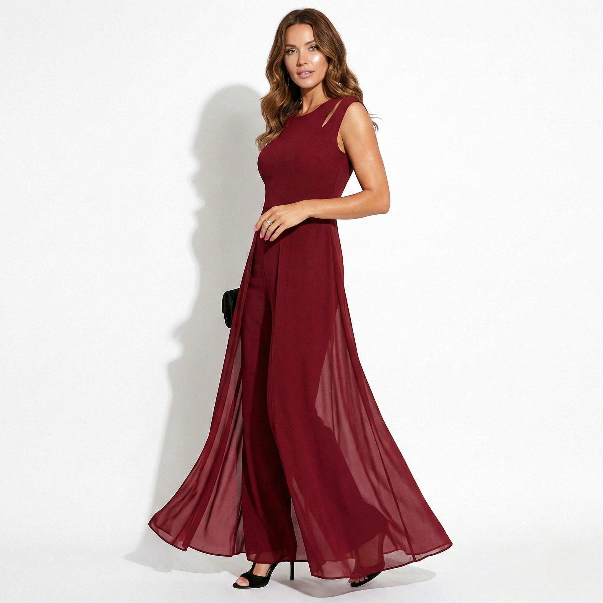 Eleanor - Women’s Sleeveless Evening Jumpsuit with Chiffon Overlay - Jumpsuits - Red - Jones & Smith