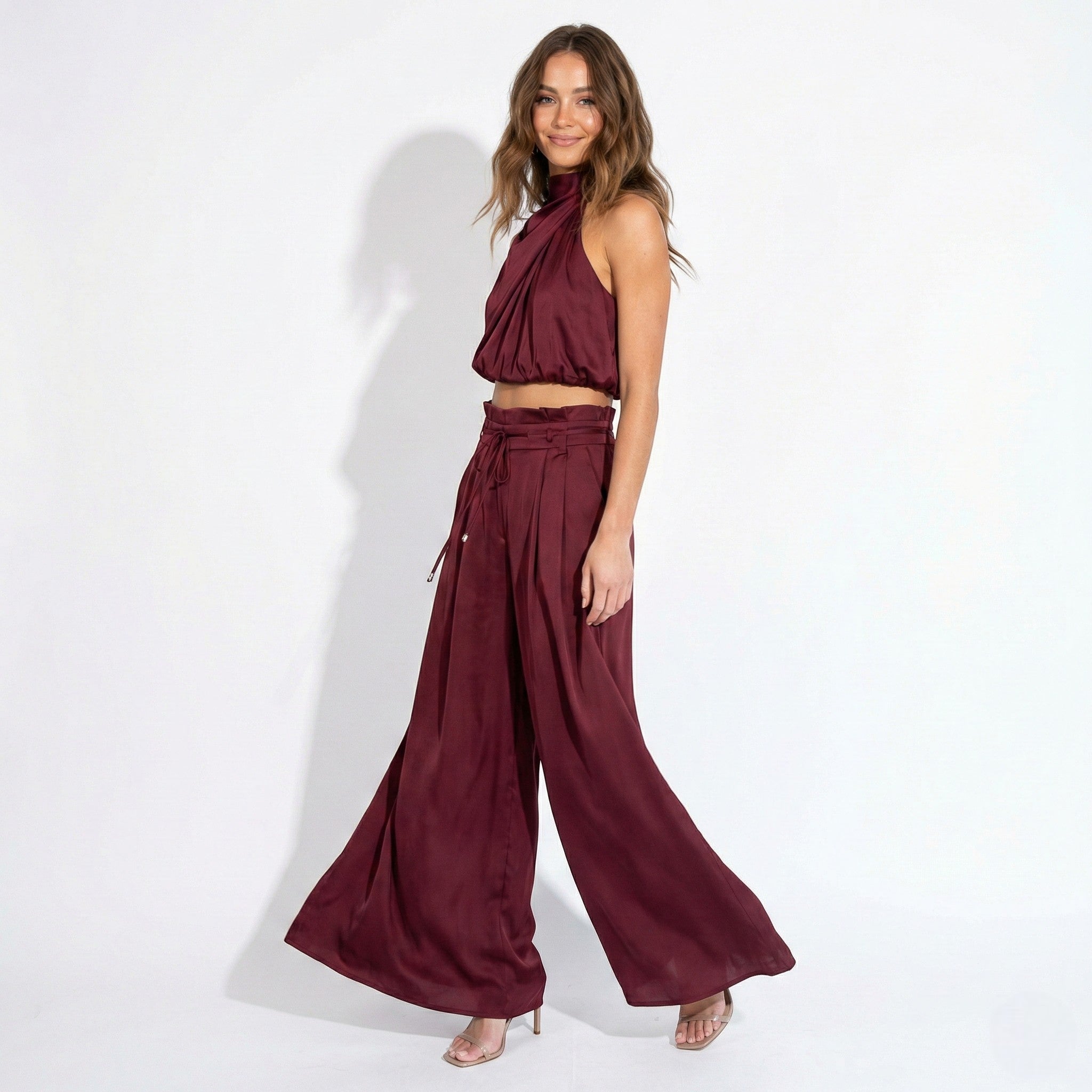 Eleanor - Women’s Sleeveless Halter Neck Top and Wide Leg Trouser Set - Women Jumpsuit - Red - Jones & Smith