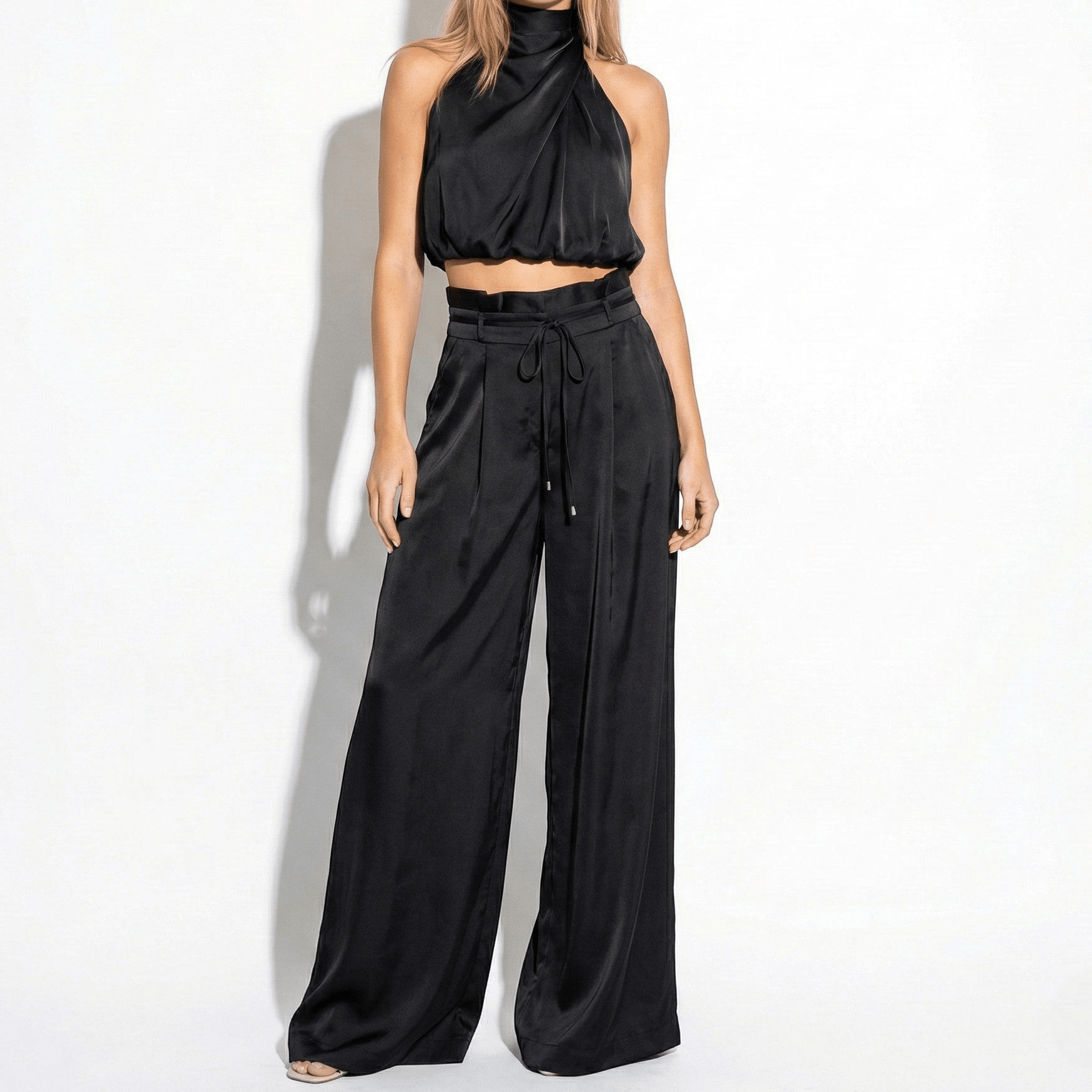 Eleanor - Women’s Sleeveless Halter Neck Top and Wide Leg Trouser Set - Women Jumpsuit - Black - Jones & Smith
