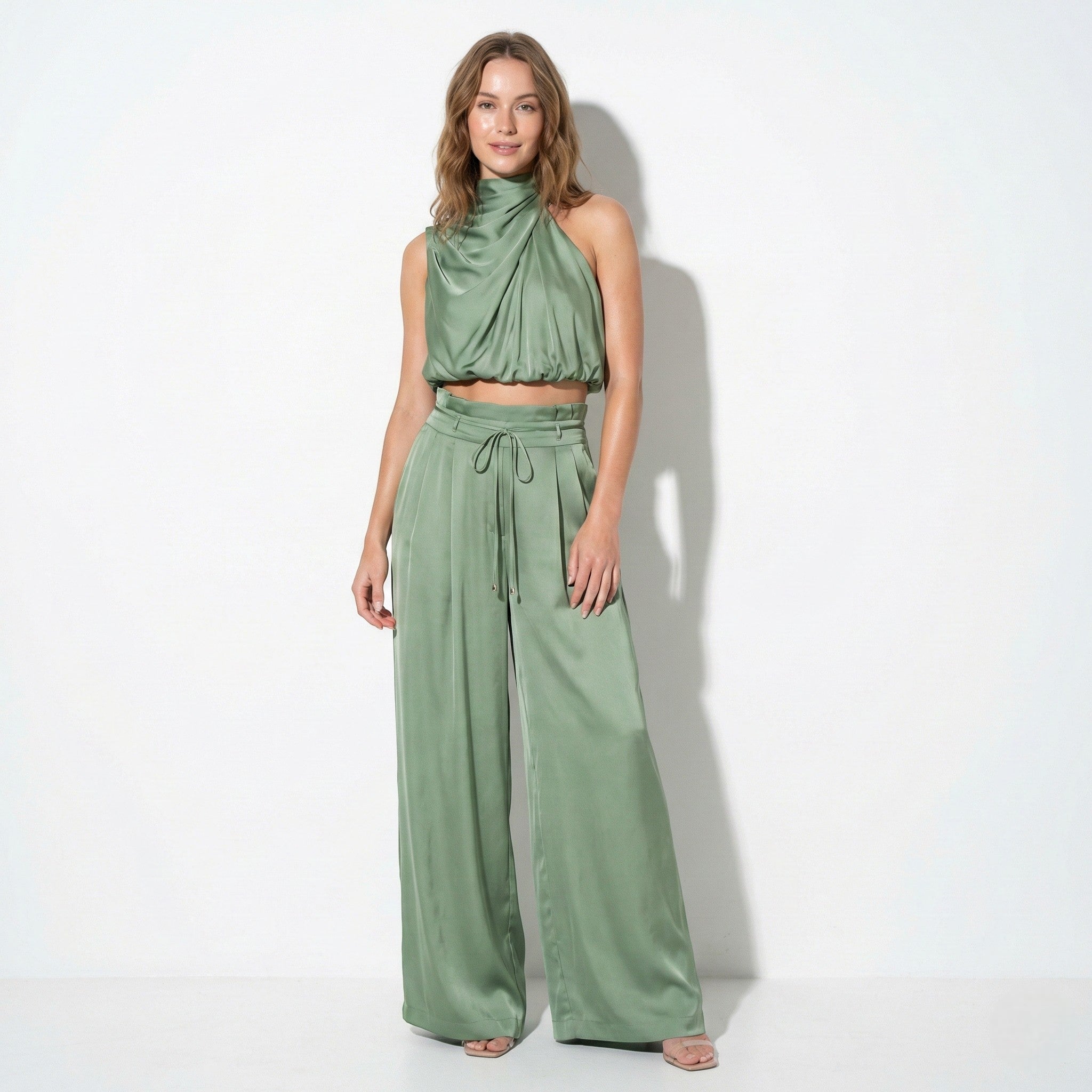 Eleanor - Women’s Sleeveless Halter Neck Top and Wide Leg Trouser Set - Women Jumpsuit - Olive Green - Jones & Smith