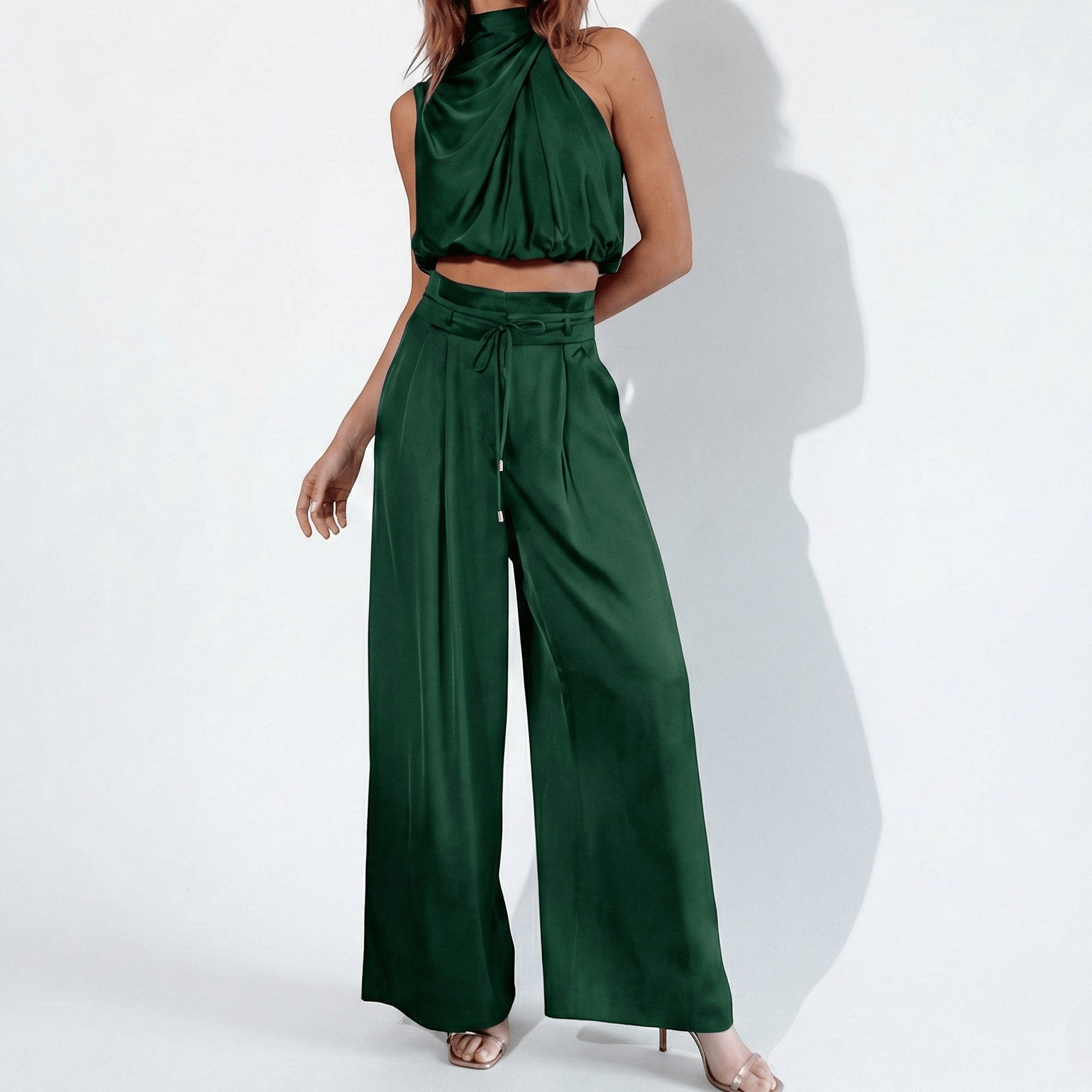 Eleanor - Women’s Sleeveless Halter Neck Top and Wide Leg Trouser Set - Women Jumpsuit - Dark Green - Jones & Smith
