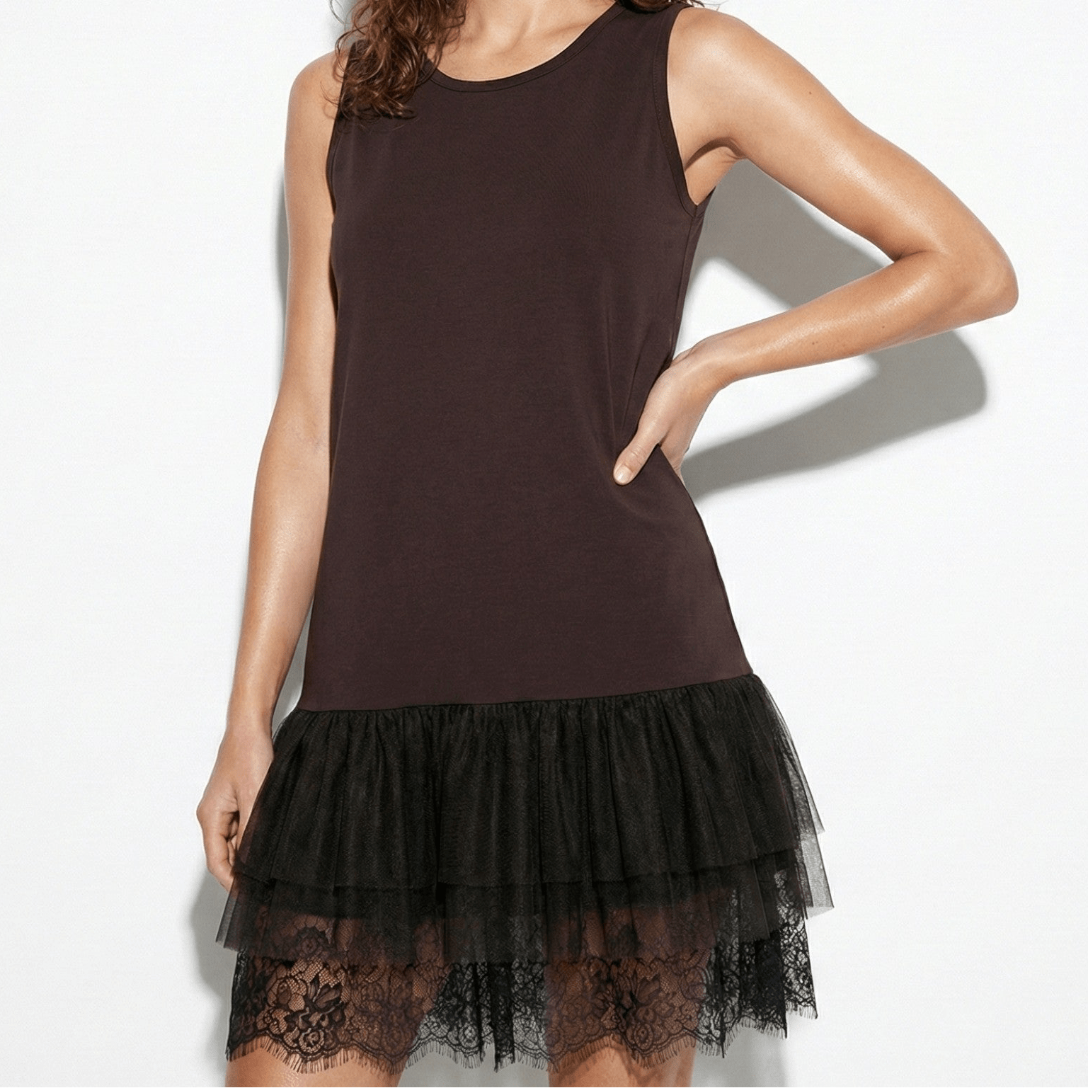 Eleanor - Women’s Sleeveless Midi Dress with Ruffle Trim - Dresses - Brown - Jones & Smith