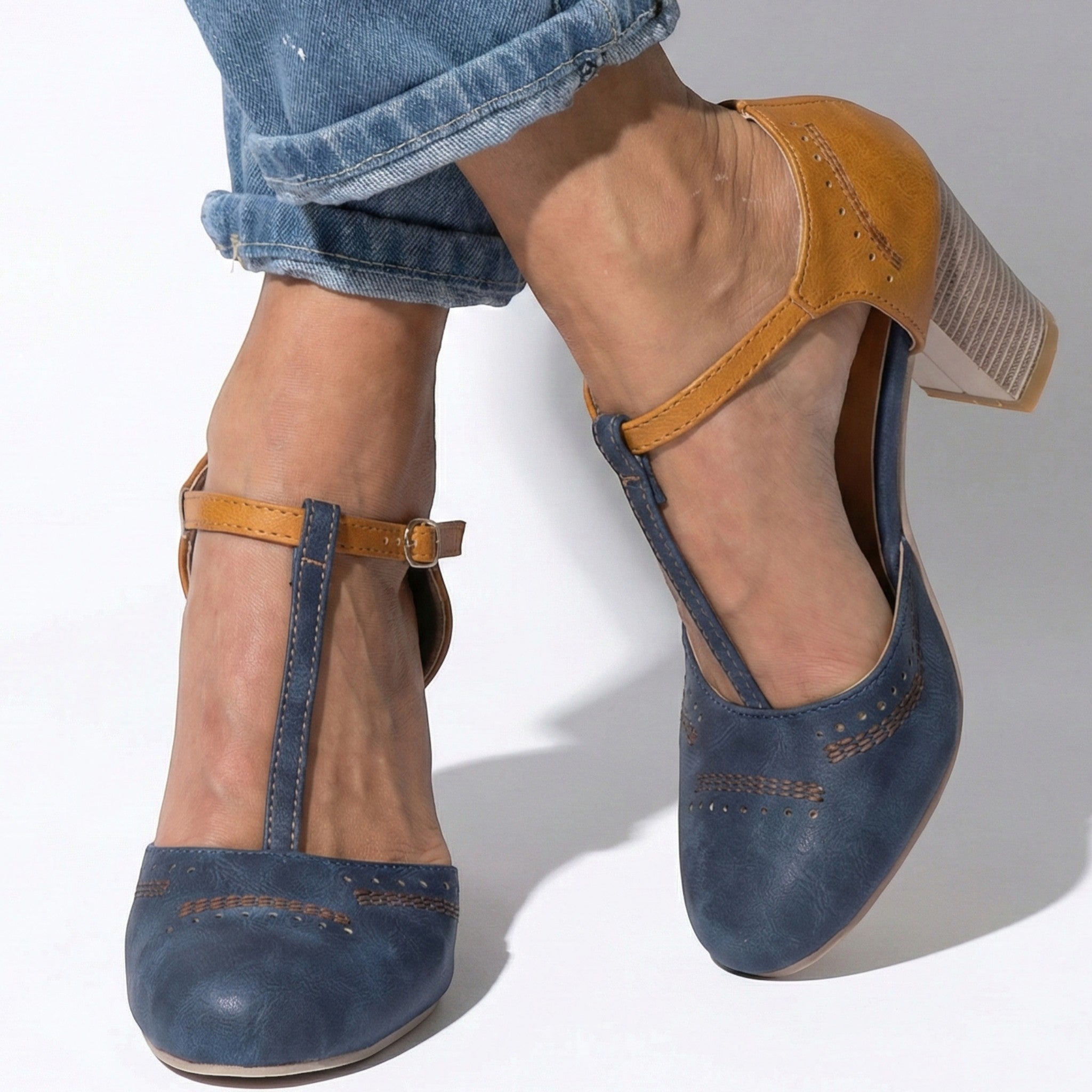 Eleanor - Women’s T - Bar Block Heel Brogue Sandals - Brogue Sandals - Blue - Jones & Smith