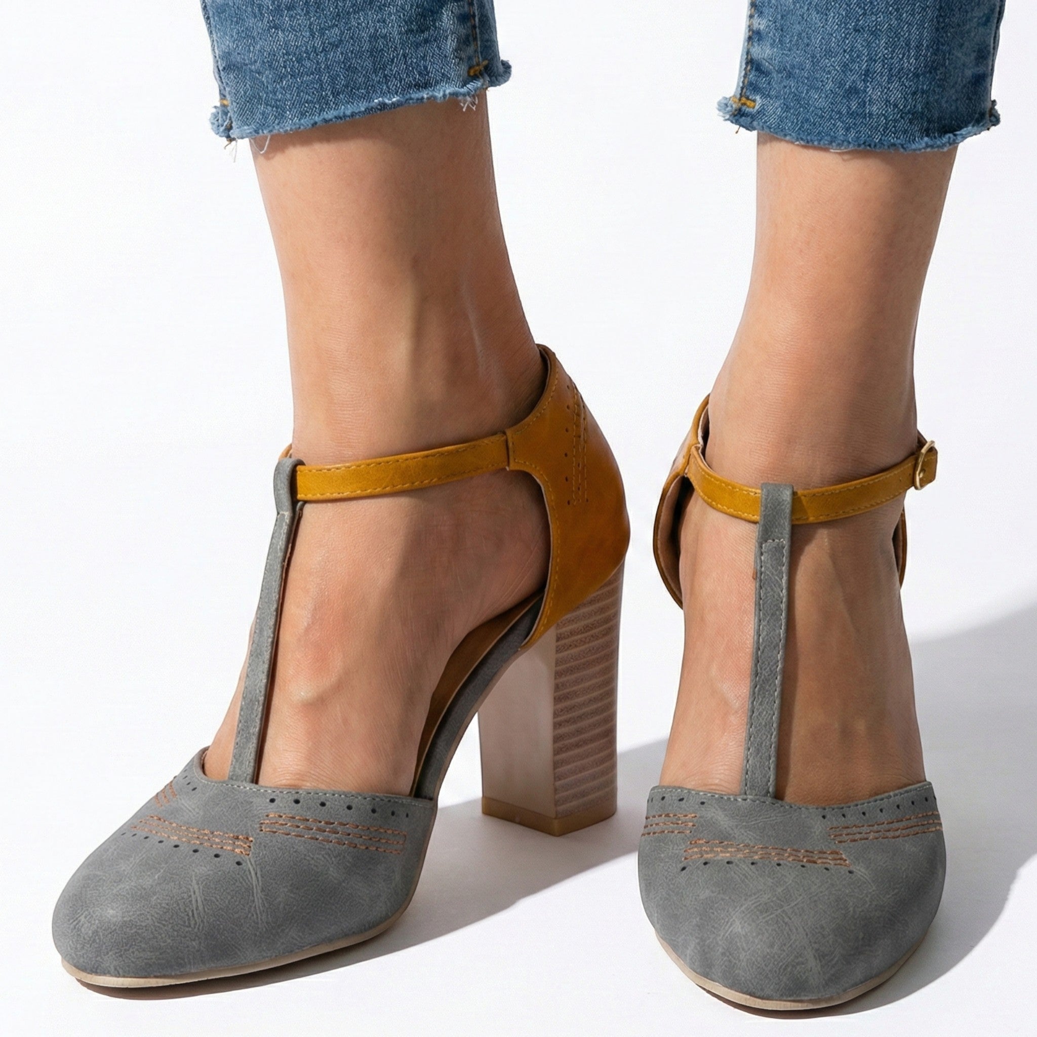 Eleanor - Women’s T - Bar Block Heel Brogue Sandals - Brogue Sandals - Grey - Jones & Smith