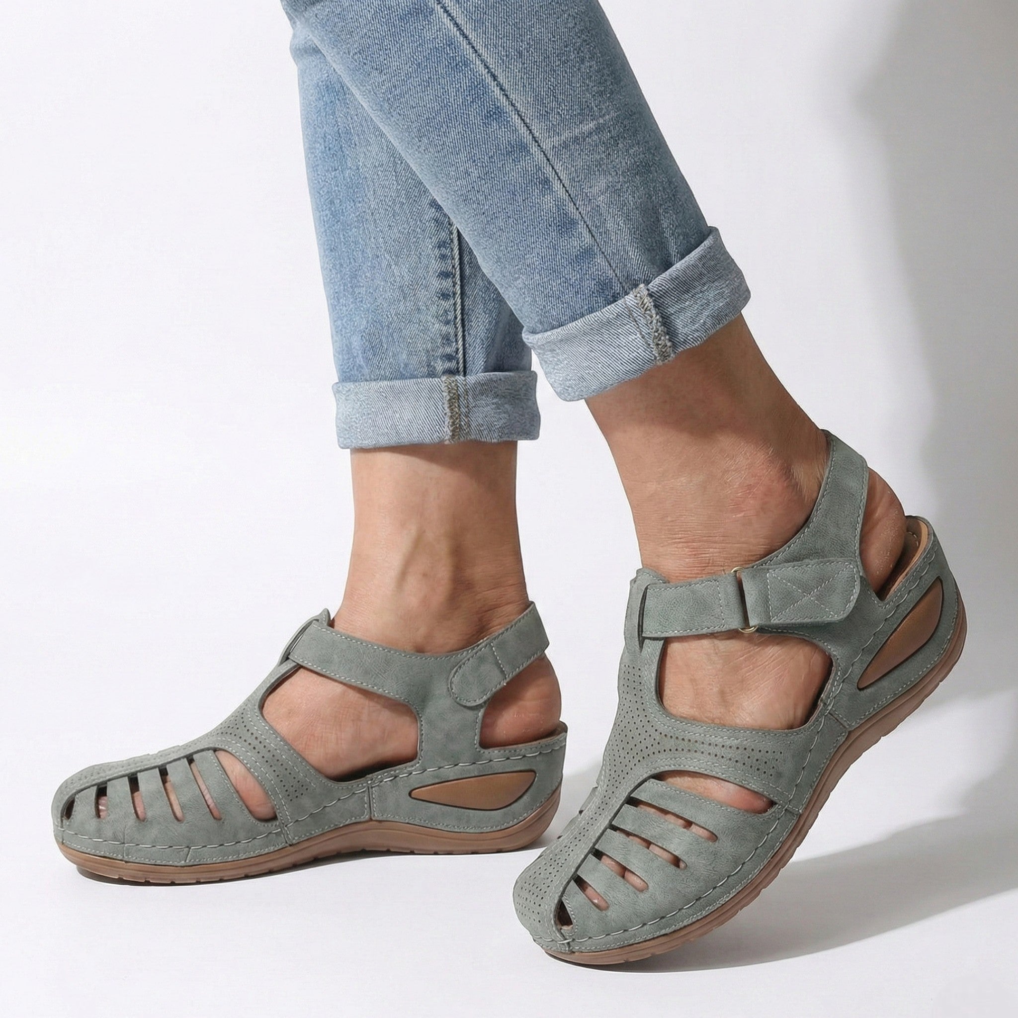 Eleanor - Women’s Wedge Sandals with Breathable Cut - Outs - Sandals - Grey - Jones & Smith