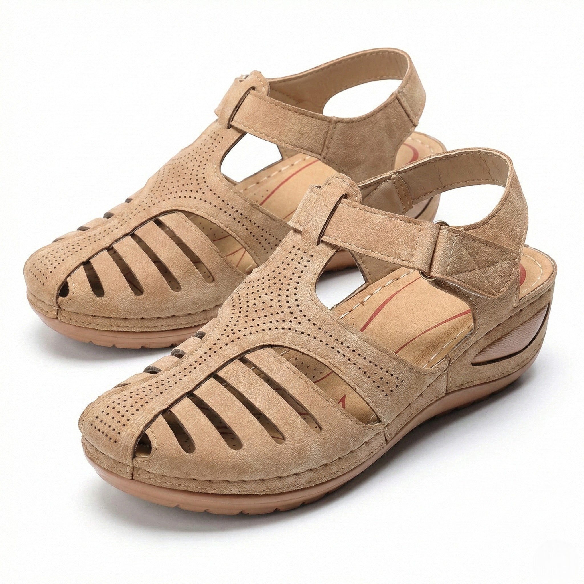 Eleanor - Women’s Wedge Sandals with Breathable Cut - Outs - Sandals - Beige - Jones & Smith