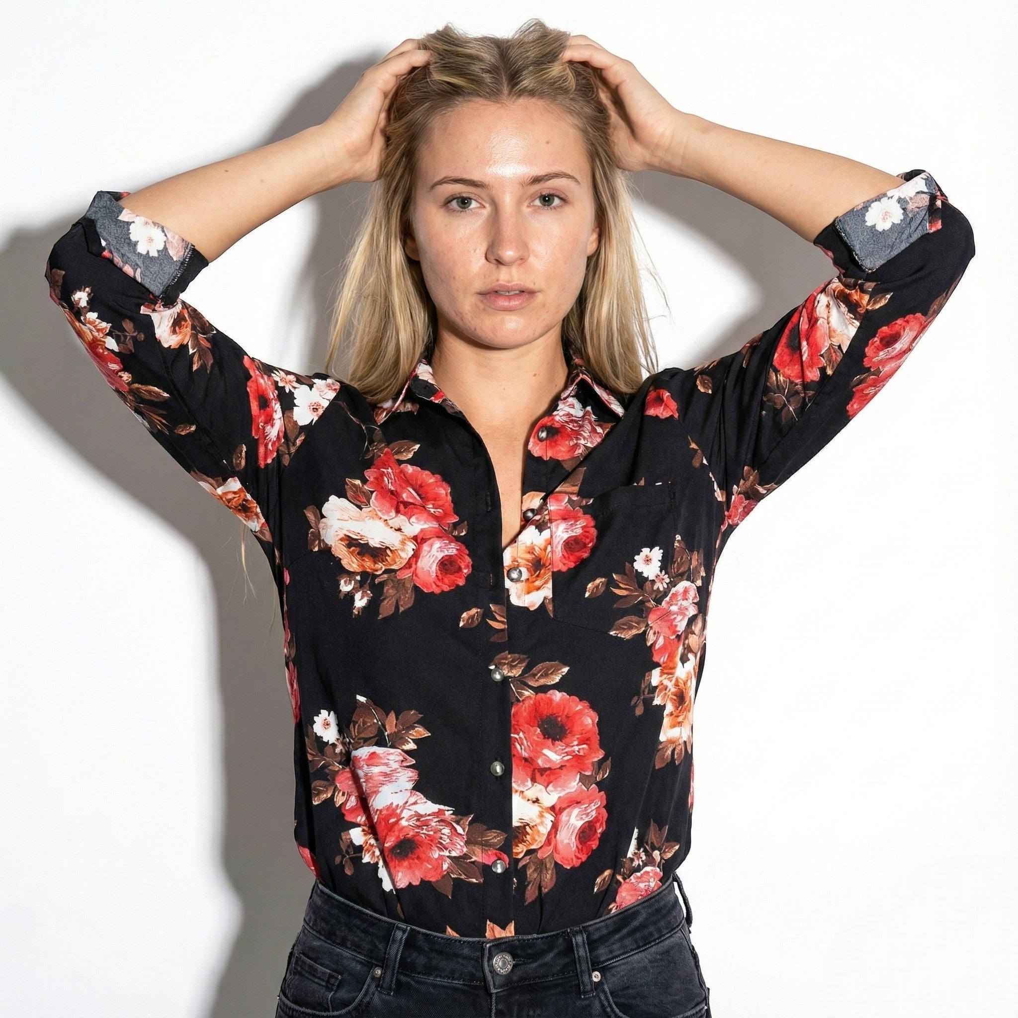 Elisa - Women's Classic Collared Blouse - Tops, T-shirts & Shirts - Black & Pink - Jones & Smith