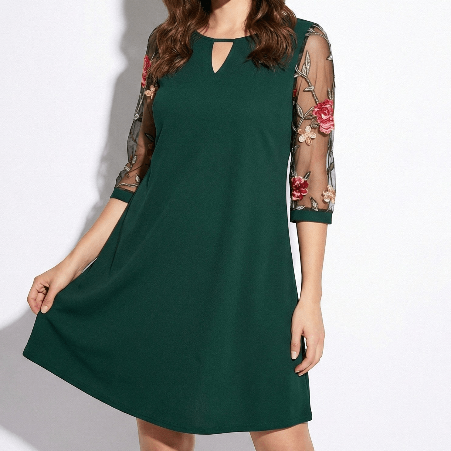 Eliza - Women's Floral Embroidered Mesh Sleeve Mini Dress - Dress - Green - Jones & Smith