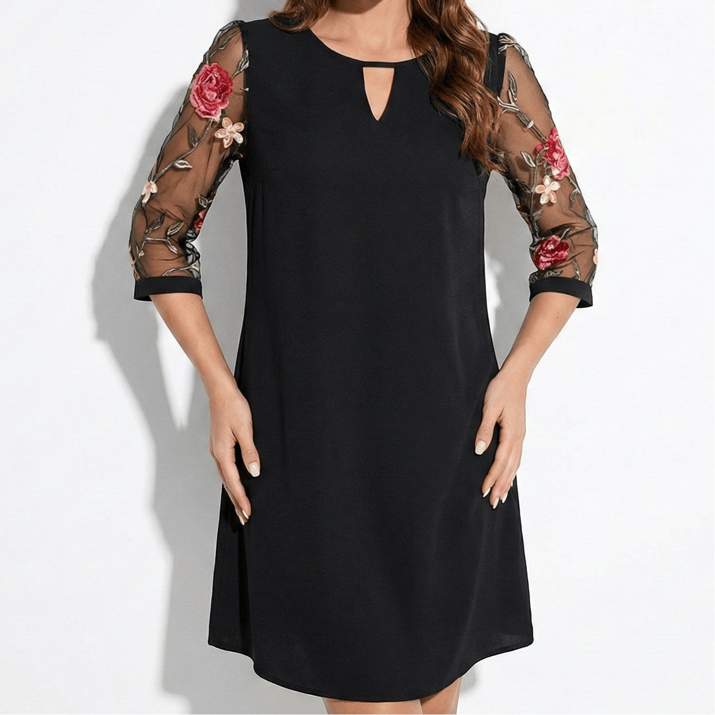 Eliza - Women's Floral Embroidered Mesh Sleeve Mini Dress - Dress - Black - Jones & Smith