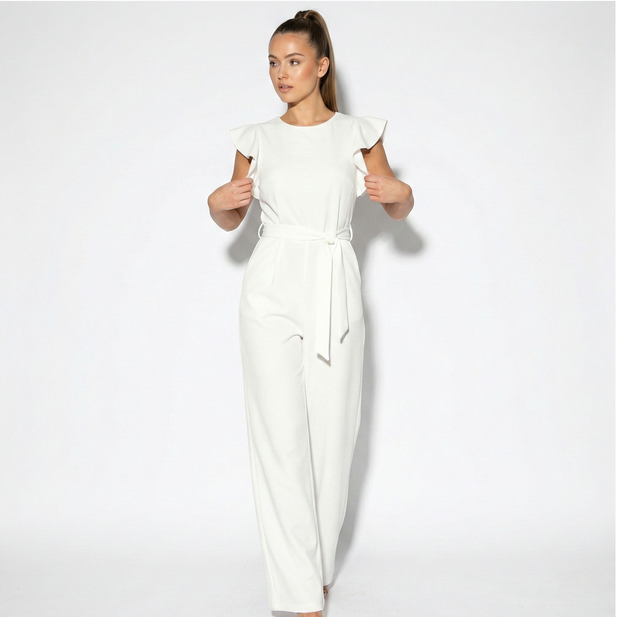 Ella - Women's Wide Leg Jumpsuit with Ruffle Sleeves - Jumpsuit - White - Jones & Smith