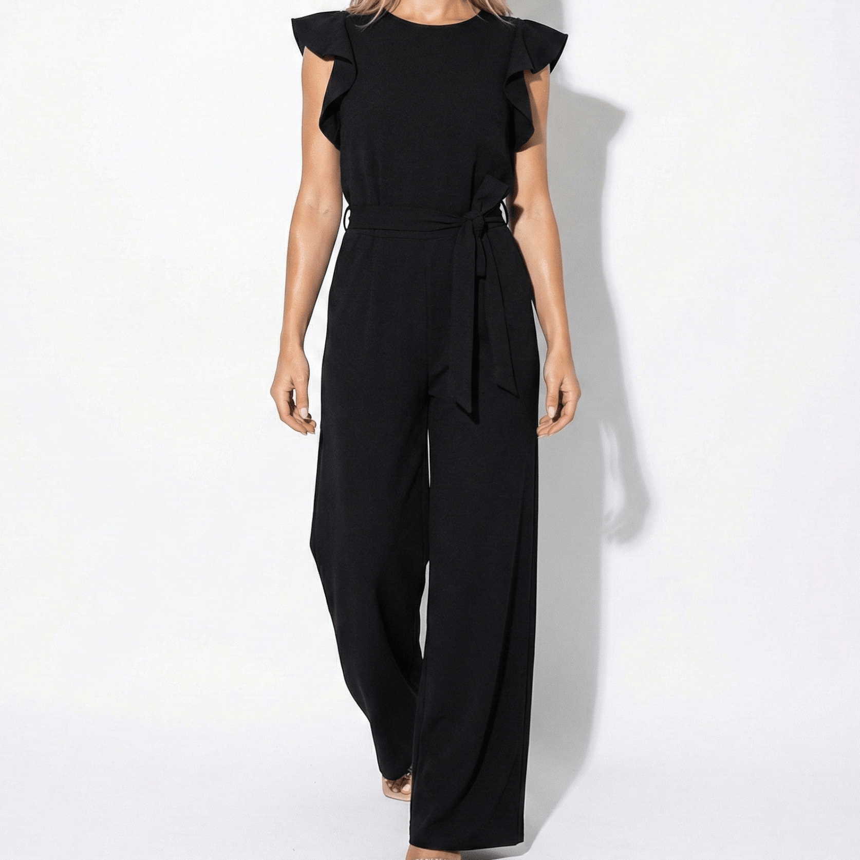 Ella - Women's Wide Leg Jumpsuit with Ruffle Sleeves - Jumpsuit - Black - Jones & Smith