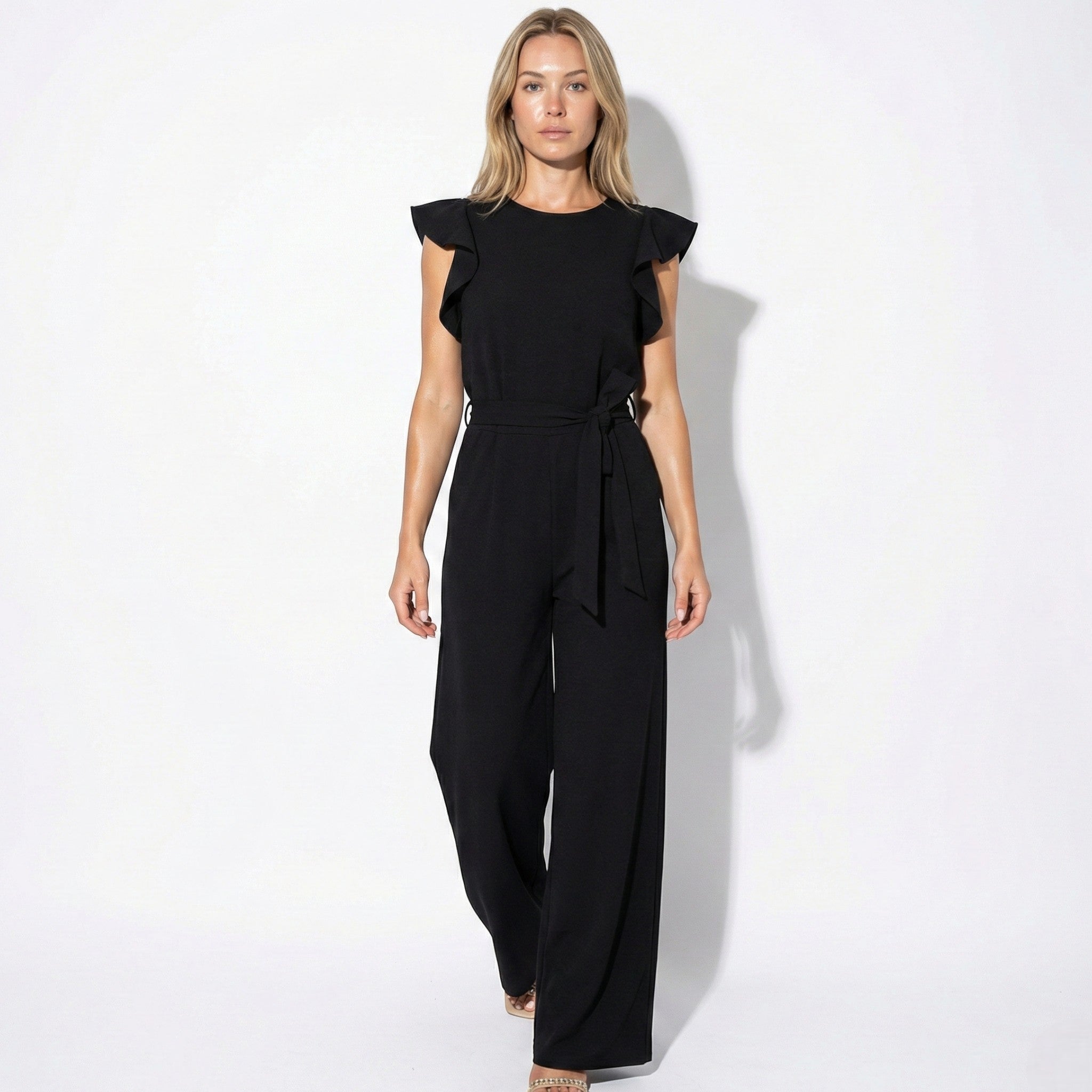 Ella - Women's Wide Leg Jumpsuit with Ruffle Sleeves - Jumpsuit - Black - Jones & Smith