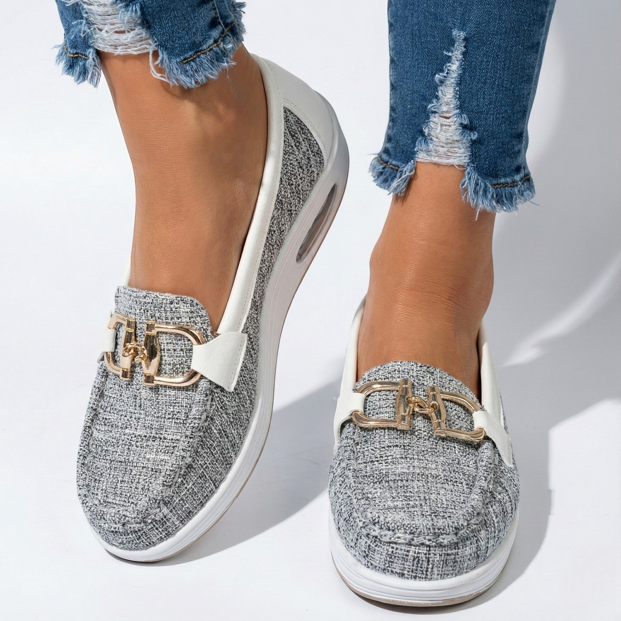 Ellie - Women's Flat Chain Buckled Loafers - Shoes - Grey - Jones & Smith