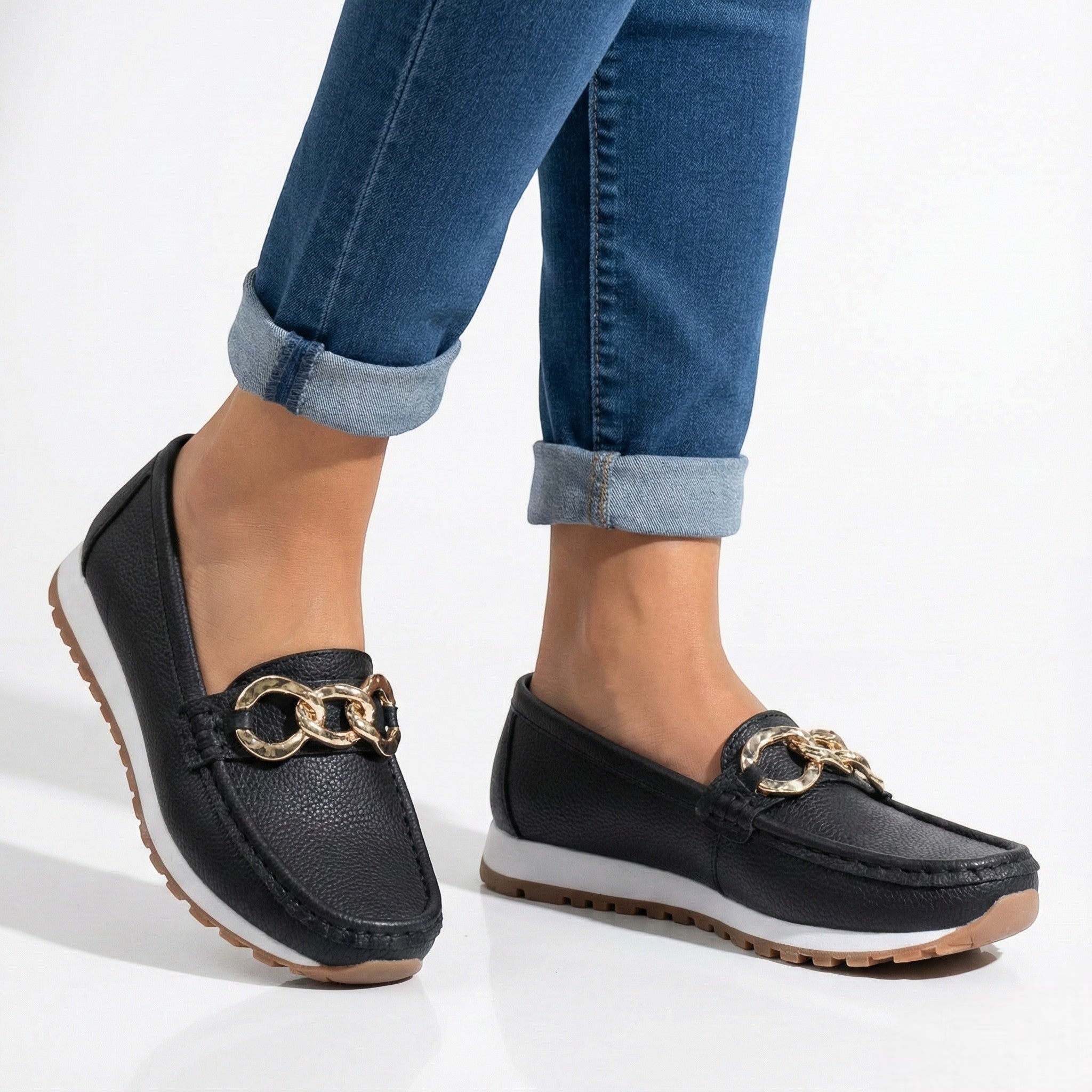 Ellie - Women's Flat Chain Buckled Loafers - Shoes - Black - Jones & Smith