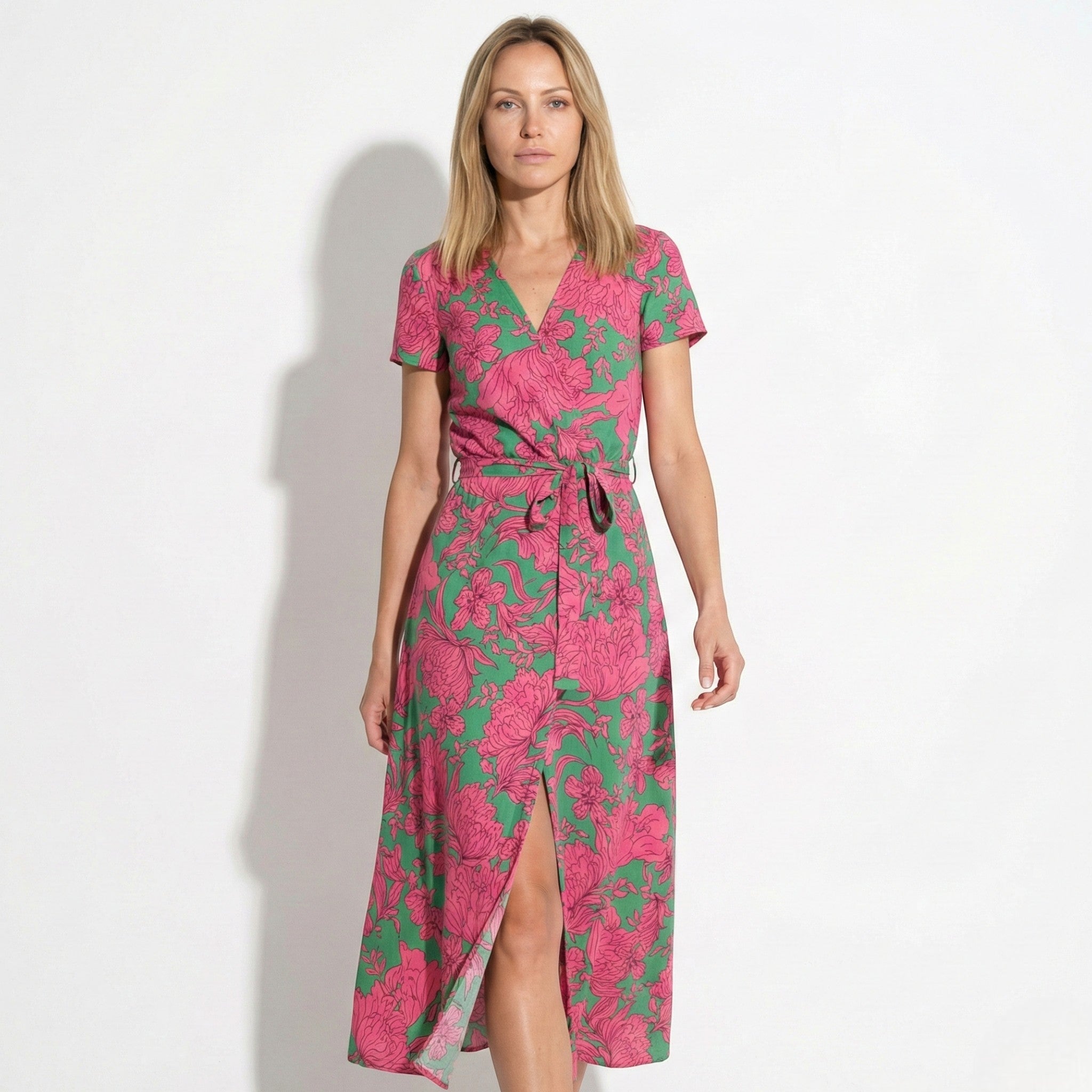Emily - Women's Floral Wrap Maxi Dress with V - Neck - Dress - Pink - Jones & Smith