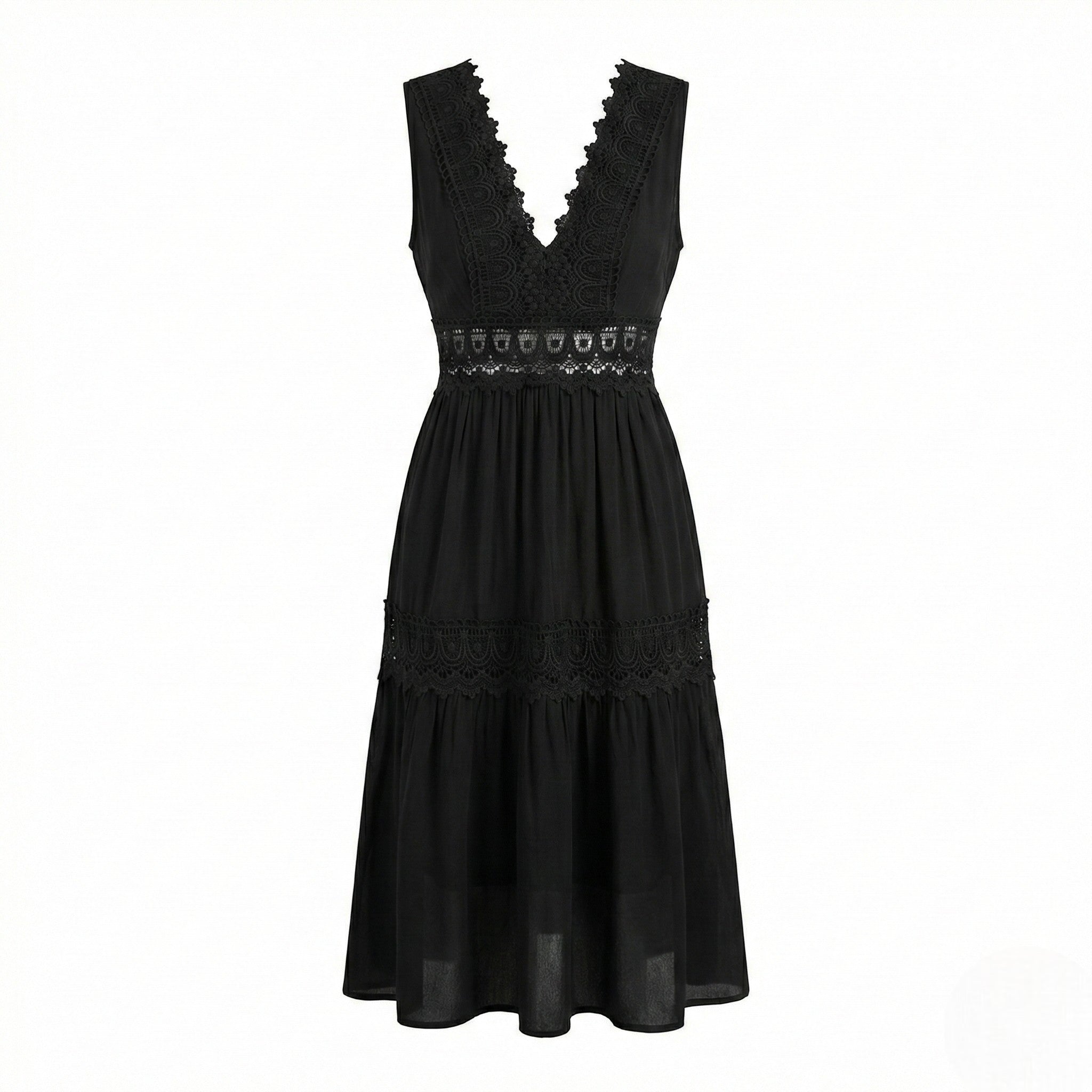 Emily - Women's Laced V - Neck Sleeveless Midi Dress - Dress - Black - Jones & Smith